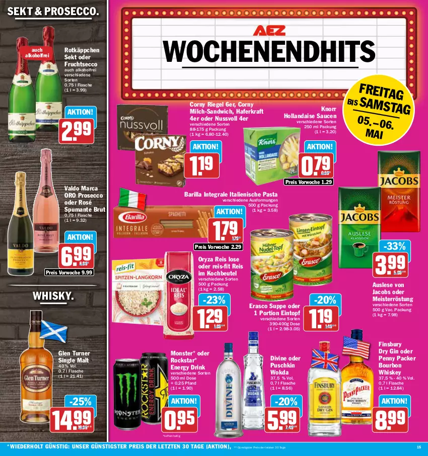 Aktueller Prospekt Aez - Prospekte - von 02.05 bis 06.05.2023 - strona 15 - produkty: alkohol, barilla, beutel, bourbon, bourbon whiskey, brut, corny, drink, dry gin, ecco, eintopf, eis, energy drink, erasco, finsbury, flasche, frucht, fruchtsecco, gin, hafer, hollandaise, italienische pasta, jacobs, knorr, kochbeutel, kraft, Meister, meisterröstung, milch, monster, nuss, oryza, pasta, prosecco, puma, reis, reis-fit, riegel, Rockstar, rotkäppchen, sandwich, sauce, saucen, sekt, single malt, spumante, suppe, Ti, topf, valdo, whiskey, whisky, wok, ZTE