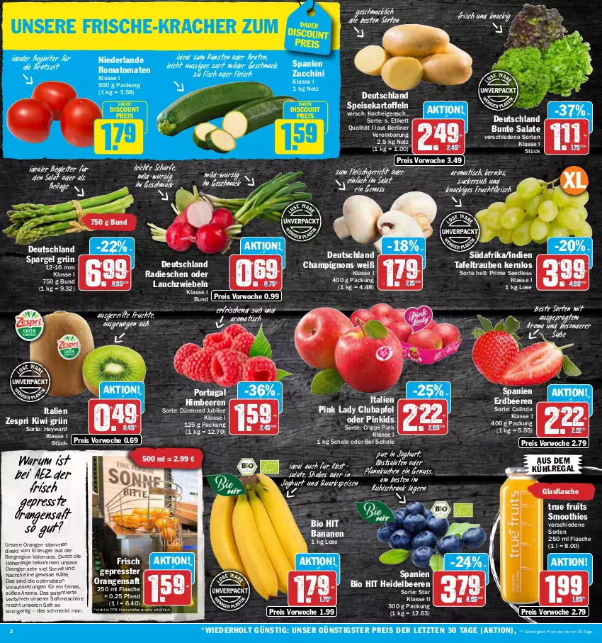 Aktueller Prospekt Aez - Prospekte - von 02.05 bis 06.05.2023 - strona 2 - produkty: AEZ, apfel, auer, aus dem kühlregal, banane, bananen, beere, beeren, beko, berliner, bio, bio hit, braten, brot, bunte salate, champignon, champignons, discount, eis, erdbeere, erdbeeren, fisch, flasche, fleisch, frucht, früchte, fruchtfleisch, glasflasche, heidelbeere, heidelbeeren, himbeer, himbeere, himbeeren, ilag, joghur, joghurt, kartoffel, kartoffeln, kiwi, kracher, kuchen, kühlregal, kühlschrank, Lauchzwiebel, lauchzwiebeln, mac, nuss, obst, Optimals, orange, orangen, orangensaft, Pfannkuchen, Pink Lady, quark, radieschen, regal, reis, Romatomaten, rum, saft, salat, salate, Schal, Schale, Schrank, shake, smoothie, smoothies, spargel, spargel grün, speisekartoffeln, tafeltrauben, Ti, tisch, tomate, tomaten, trauben, true fruits, zespri, ZTE, zucchini, zucker, zwiebel, zwiebeln