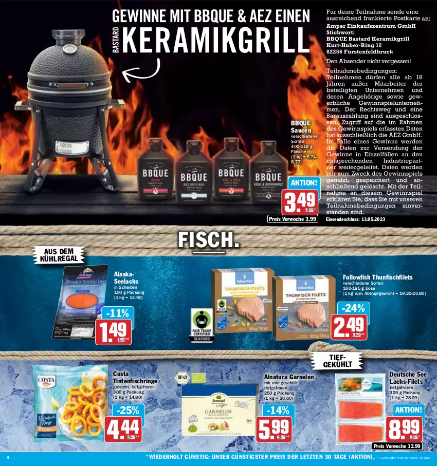 Aktueller Prospekt Aez - Prospekte - von 02.05 bis 06.05.2023 - strona 6 - produkty: aus dem kühlregal, eis, filet, filets, fisch, flasche, followfish, garnelen, kühlregal, lachs, natur, natura, regal, reis, ring, sauce, saucen, thunfisch, Ti, Tintenfischringe, ZTE