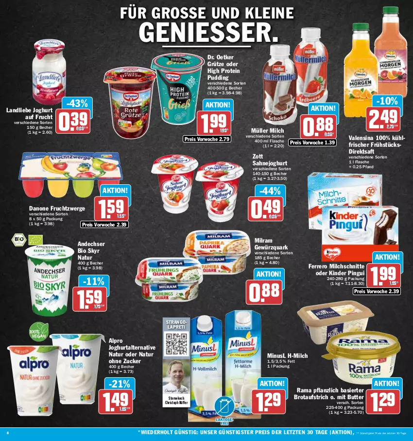 Aktueller Prospekt Aez - Prospekte - von 02.05 bis 06.05.2023 - strona 8 - produkty: alpro, aufstrich, Becher, bio, brot, brotaufstrich, butter, danone, danone fruchtzwerge, direktsaft, Dr. Oetker, eis, ferrero, flasche, frucht, fruchtzwerge, gewürz, gewürzquark, grütze, joghur, joghurt, Kinder, kinder pingui, landliebe, landliebe joghurt, leine, milch, Milchschnitte, milram, Müller, natur, pingui, pudding, quark, rama, reis, saft, sahne, Sahnejoghurt, Skyr, Ti, valensina, zott, ZTE, zucker