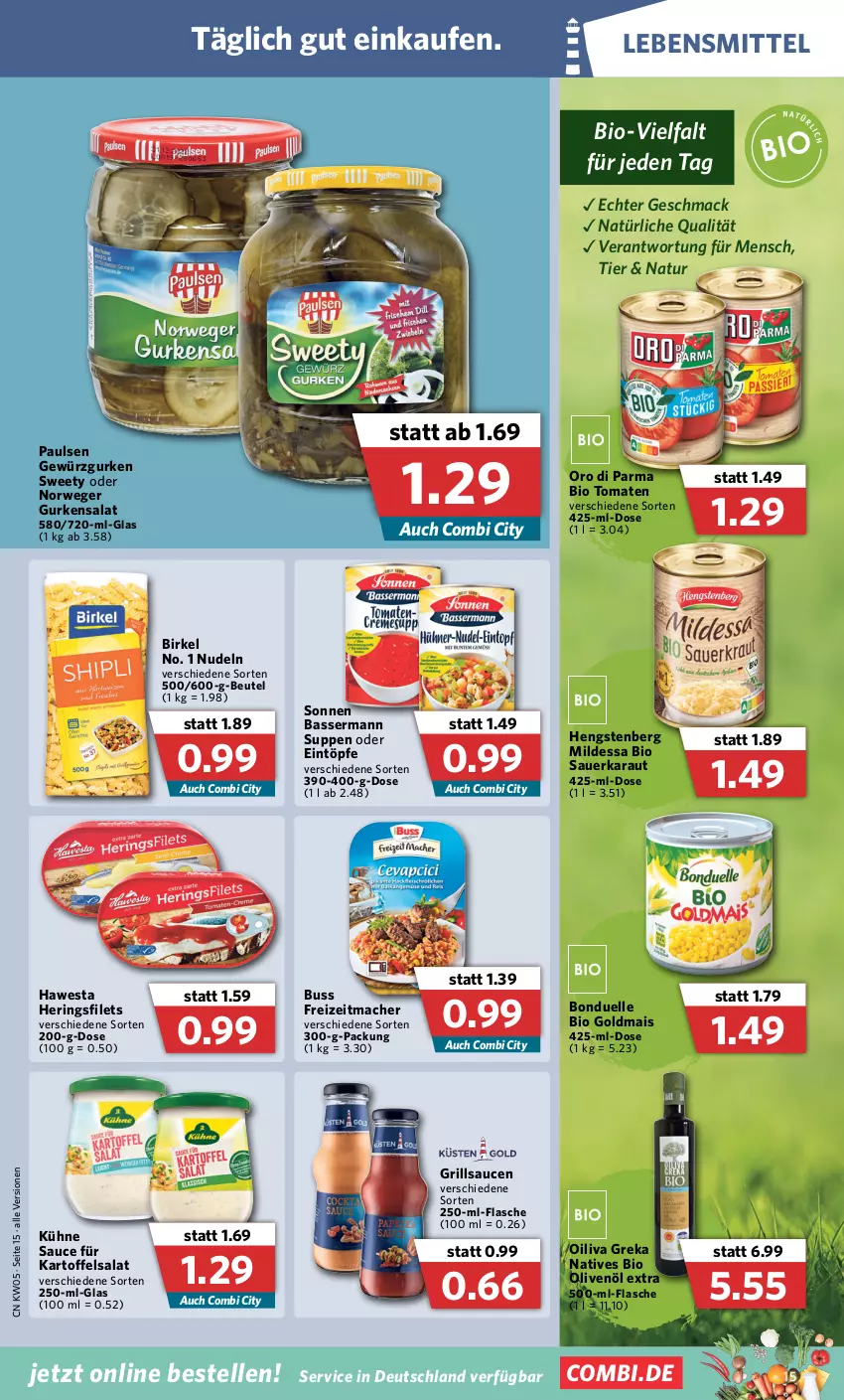 Aktueller Prospekt Combi - Prospekte - von 31.01 bis 05.02.2022 - strona 15 - produkty: auer, beutel, bio, birkel, bonduelle, eintöpfe, elle, filet, filets, flasche, gewürz, Gewürzgurke, gewürzgurken, Goldmais, grill, grillsauce, gurke, gurken, gurkensalat, hawesta, hengstenberg, hering, Herings, heringsfilets, kartoffel, kartoffelsalat, Kühne, lebensmittel, mac, mais, natur, nudel, nudeln, olive, oliven, olivenöl, olivenöl extra, oro di parma, ring, rwe, salat, sauce, saucen, suppe, suppen, Ti, tomate, tomaten