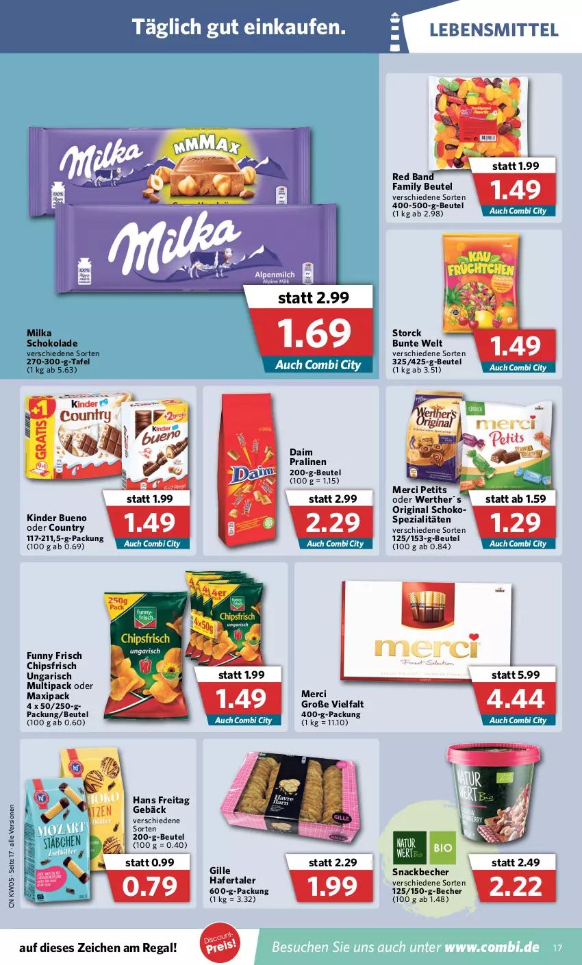 Aktueller Prospekt Combi - Prospekte - von 31.01 bis 05.02.2022 - strona 17 - produkty: Becher, beutel, chips, chipsfrisch, daim, Funny Frisch, gin, hafer, Kinder, kinder bueno, lebensmittel, merci, milka, milka schokolade, pralinen, regal, schoko, schokolade, snack, Spezi, storck, Ti