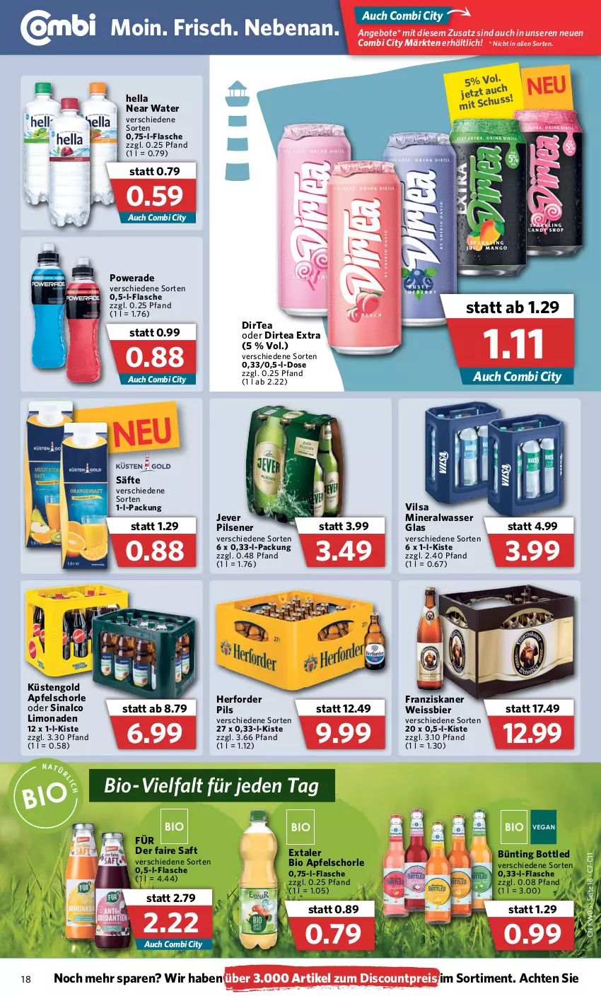 Aktueller Prospekt Combi - Prospekte - von 31.01 bis 05.02.2022 - strona 18 - produkty: Alwa, angebot, angebote, apfel, Apfelschorle, bier, bio, discount, eis, Extaler, flasche, franziskaner, hella, jever, jever pilsener, küstengold, limo, limonade, limonaden, mineralwasser, pils, pilsener, reis, saft, säfte, schorle, sinalco, Ti, vilsa, wasser, weissbier