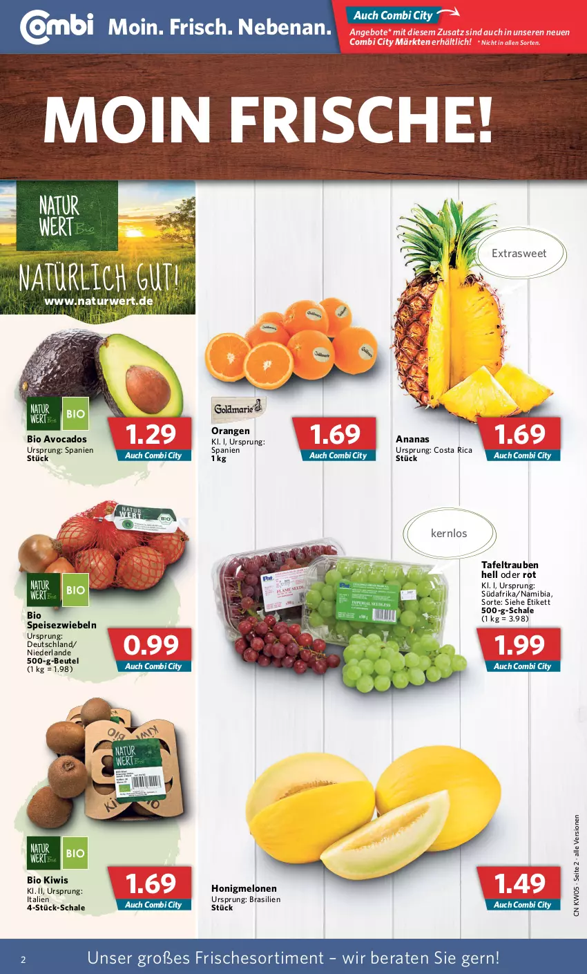 Aktueller Prospekt Combi - Prospekte - von 31.01 bis 05.02.2022 - strona 2 - produkty: ananas, angebot, angebote, avocado, avocados, beutel, bio, eis, honig, honigmelone, honigmelonen, kiwi, melone, melonen, natur, orange, orangen, rwe, Schal, Schale, Speisezwiebeln, tafeltrauben, Ti, trauben, zwiebel, zwiebeln