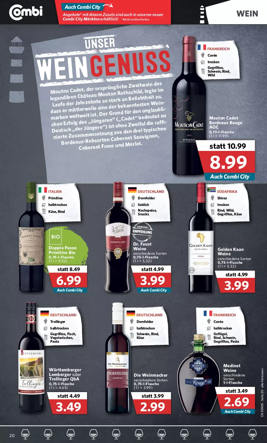 Aktueller Prospekt Combi - Prospekte - von 31.01 bis 05.02.2022 - strona 20 - produkty: angebot, angebote, aust, Berger, bio, cabernet, cuvée, doppio passo, dornfelder, eis, fisch, flasche, Geflügel, grill, Käse, LG, mac, medinet, merl, merlot, passo, pasta, primitivo, rind, rouge, schwein, snack, snacks, Ti, trolli, trollinger, Vegeta, wein, weine, Wild