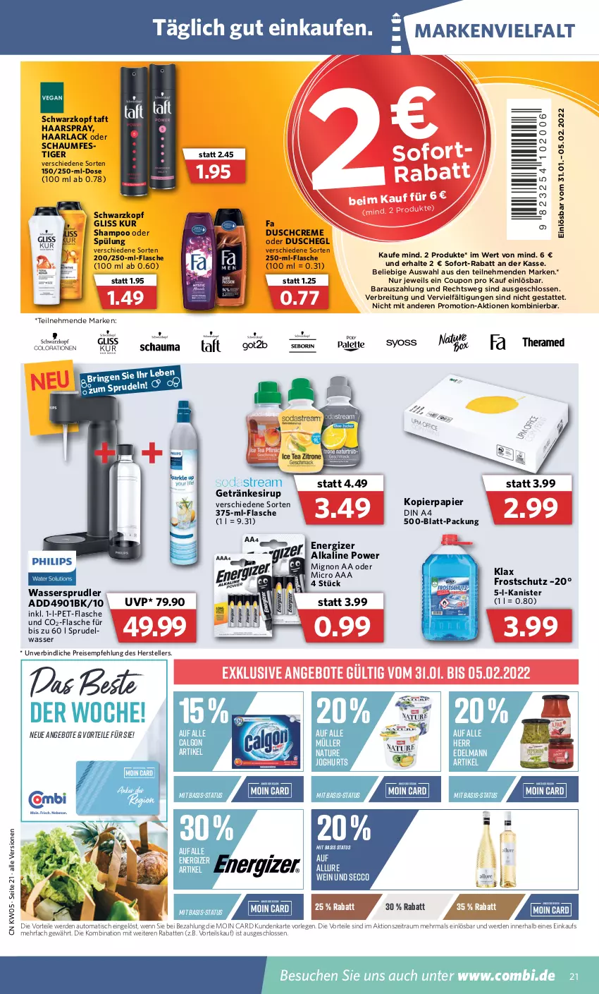 Aktueller Prospekt Combi - Prospekte - von 31.01 bis 05.02.2022 - strona 21 - produkty: angebot, angebote, arla, auto, Brei, calgon, coupon, creme, din a4, duschcreme, dusche, ecco, eis, elle, energizer, erde, flasche, getränk, getränke, getränkesirup, gliss, gliss kur, Haarlack, haarspray, joghur, joghurt, kopierpapier, lack, LG, Müller, natur, oder schaumfestiger, papier, pet-flasche, reis, ring, schaumfestiger, schwarzkop, schwarzkopf, shampoo, shampoo oder spülung, sirup, sofort-rabatt, Sprudel, spülung, Taft, teller, Ti, tisch, wasser, wassersprudler, wein