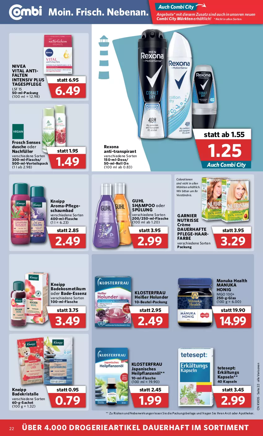 Aktueller Prospekt Combi - Prospekte - von 31.01 bis 05.02.2022 - strona 22 - produkty: angebot, angebote, Apotheke, auer, Bad, Badekristalle, beutel, Colorationen, dusche, Erkältungs, flasche, Frosch, garnier, Guhl, holunder, honig, ilag, kneipp, kosmetik, Manuka Honig, nivea, nuk, Nutrisse, pflanze, pflanzen, Pflanzenöl, rexona, sac, schaumbad, shampoo, shampoo oder spülung, spülung, Tagespflege, Ti, vita