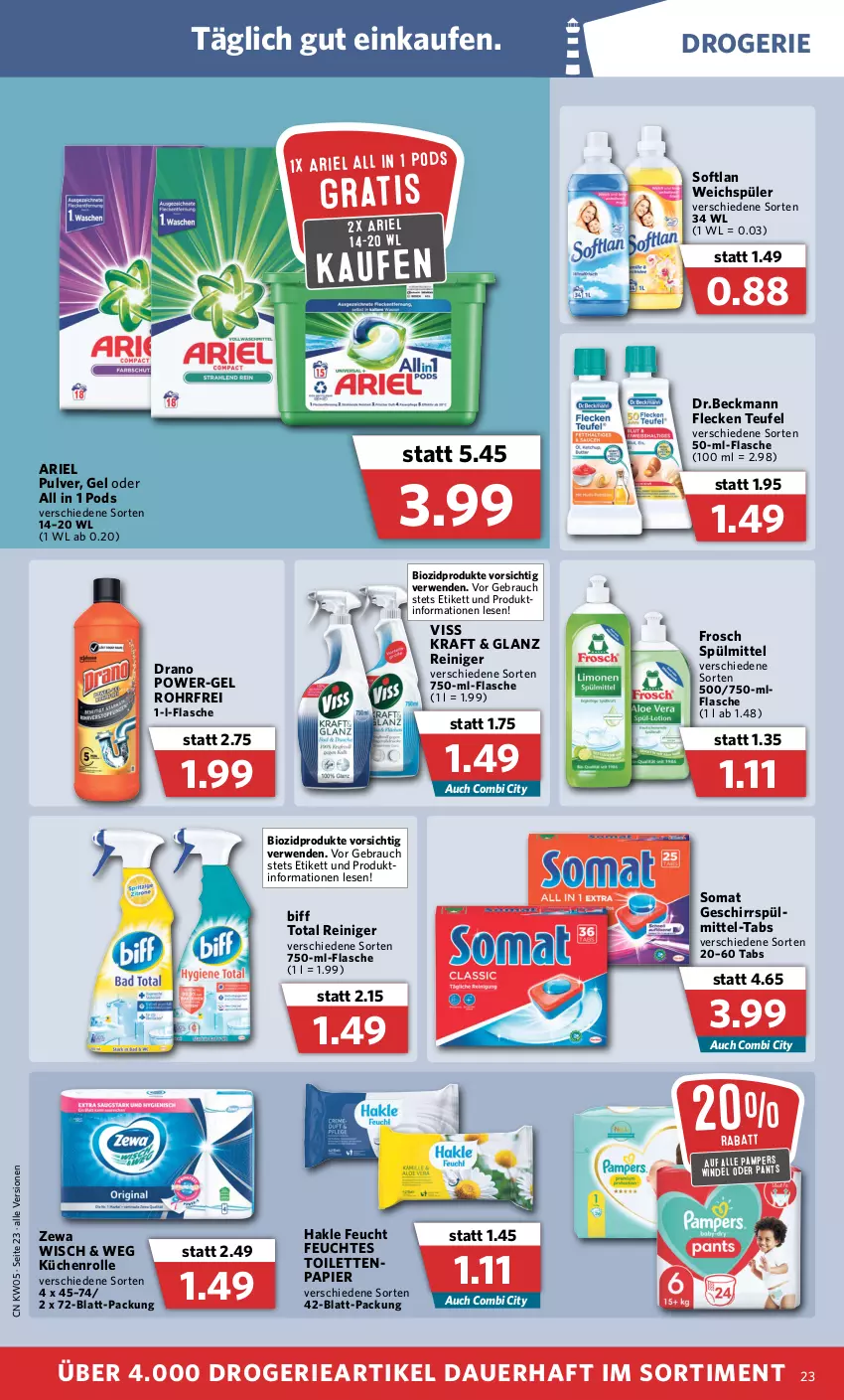 Aktueller Prospekt Combi - Prospekte - von 31.01 bis 05.02.2022 - strona 23 - produkty: ariel, auer, biff, bio, biozidprodukte, flasche, Frosch, geschirr, geschirrspülmittel, hakle, kraft, küche, Küchen, küchenrolle, pampers, Pants, papier, Pods, power-gel, Rauch, reiniger, rwe, Softlan, somat, spülmittel, Ti, weichspüler, zewa