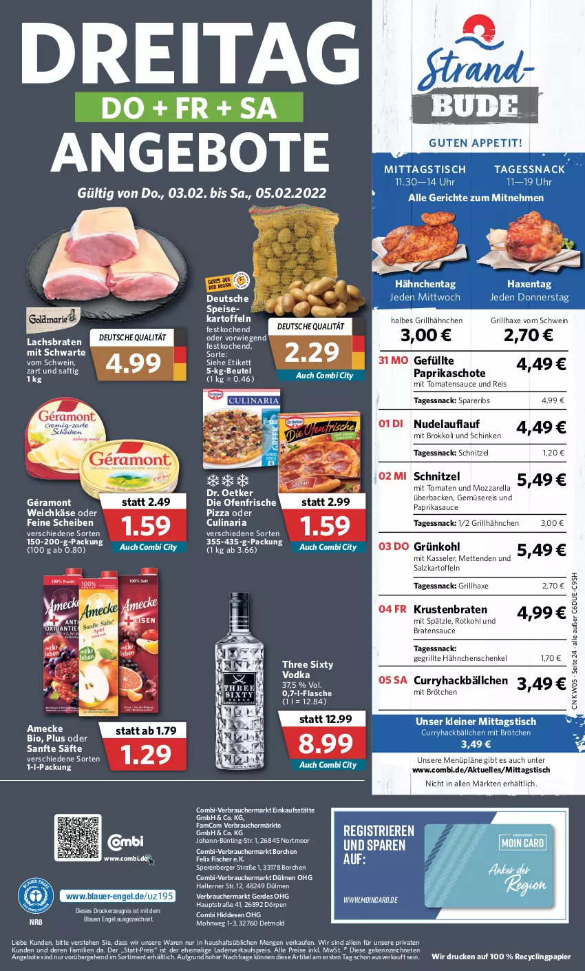 Aktueller Prospekt Combi - Prospekte - von 31.01 bis 05.02.2022 - strona 24 - produkty: amecke, angebot, angebote, auer, axe, Berger, beutel, bio, braten, brokkoli, brötchen, Clin, culinaria, curry, die ofenfrische, Dr. Oetker, drucker, eis, elle, Engel, erde, felix, fisch, fische, Fischer, flasche, Gegrillte Hähnchenschenkel, géramont, grill, grillhähnchen, grillhaxe, hähnchenschenkel, Haxe, henkel, kartoffel, kartoffeln, Käse, kasseler, kerze, krustenbraten, lachs, Lachsbraten, leine, Mett, metten, Mettenden, mozzarella, nudel, Ofen, papier, paprika, pizza, Rauch, reis, rel, Ria, rotkohl, saft, säfte, salz, sauce, schenkel, schinken, schnitzel, schwein, snack, spareribs, Three Sixty, Ti, tisch, tomate, tomaten, tomatensauce, uhr, vodka, weichkäse, wein