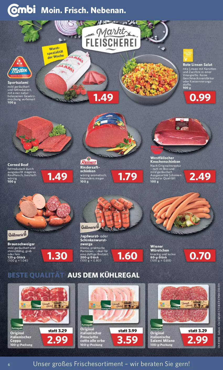 Aktueller Prospekt Combi - Prospekte - von 31.01 bis 05.02.2022 - strona 6 - produkty: aus dem kühlregal, beef, braun, brot, corned beef, eis, fleisch, gewürz, Gewürzmischung, gin, jagdwurst, karotten, kühlregal, leine, linsen, mac, natur, prosciutto, prosciutto cotto, regal, rezept, rind, rinder, rindfleisch, Rote Linsen, saft, salami, salat, schinken, schinkenwurst, Spezi, Sport, Ti, tisch, wiener, wiener würstchen, wurst, würstchen, zucchini