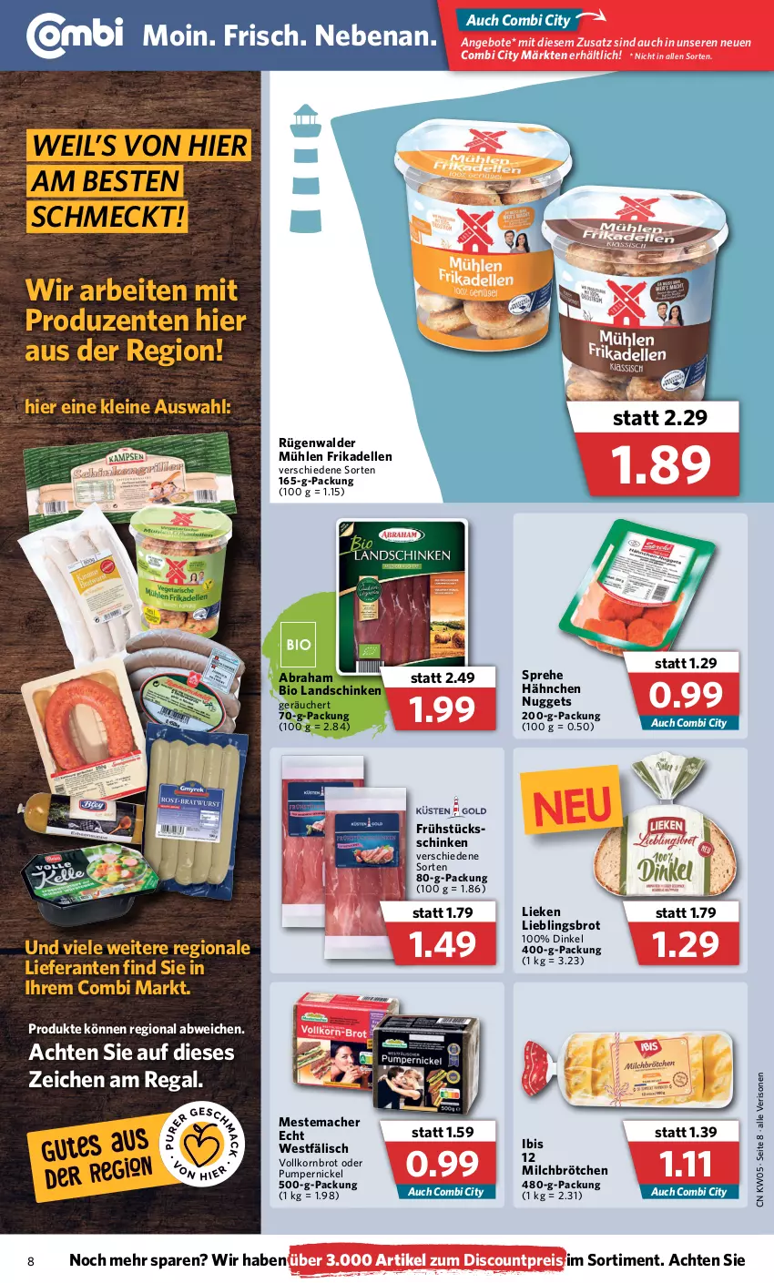 Aktueller Prospekt Combi - Prospekte - von 31.01 bis 05.02.2022 - strona 8 - produkty: angebot, angebote, bio, brot, dell, discount, eis, elle, ente, frikadellen, korn, Kornbrot, landschinken, leine, lieken, mac, mestemacher, milch, nuggets, Pumpernickel, regal, reis, rügenwalder, rügenwalder mühle, schinken, Ti, vollkornbrot