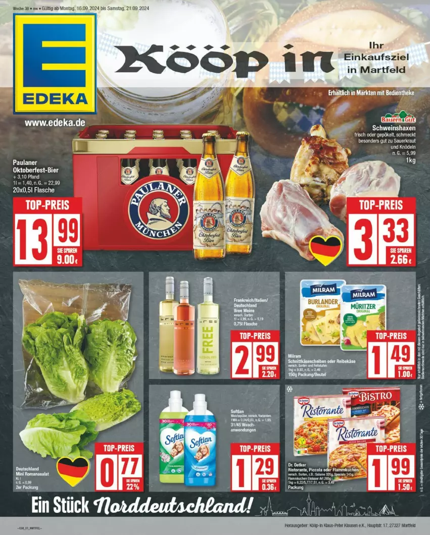 Aktueller Prospekt Edeka - Prospekte - von 16.09 bis 21.09.2024 - strona 1 - produkty: axe, elle, flasche, Haxe, Paula, paulaner, Romanasalat, salat, schwein, tee, Ti, wein