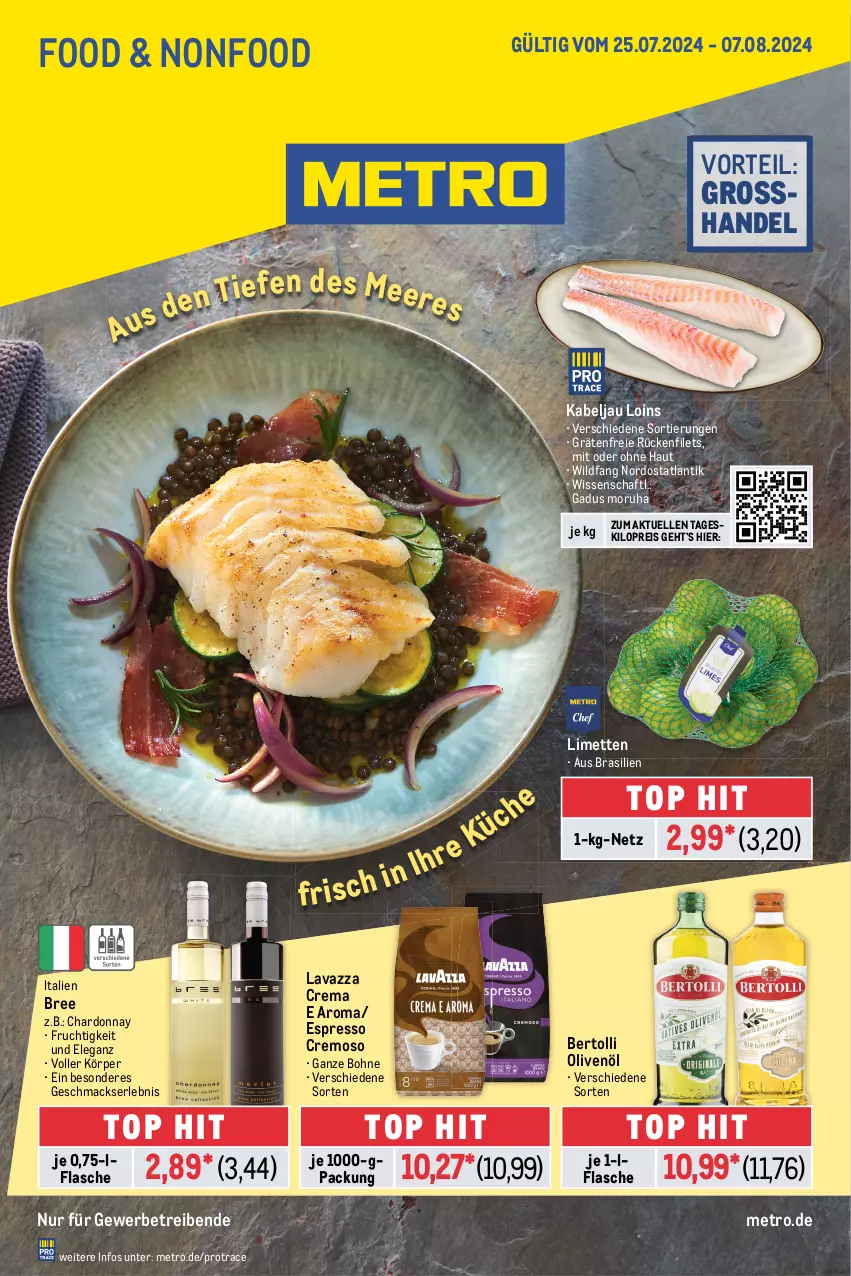 Aktueller Prospekt Metro - Food-NonFood - von 25.07 bis 07.08.2024 - strona 1 - produkty: bertolli, bohne, bree, chardonnay, eis, elle, espresso, filet, filets, flasche, frucht, lavazza, limette, limetten, mac, Metro, Mett, metten, olive, oliven, olivenöl, reis, Ti, Wild