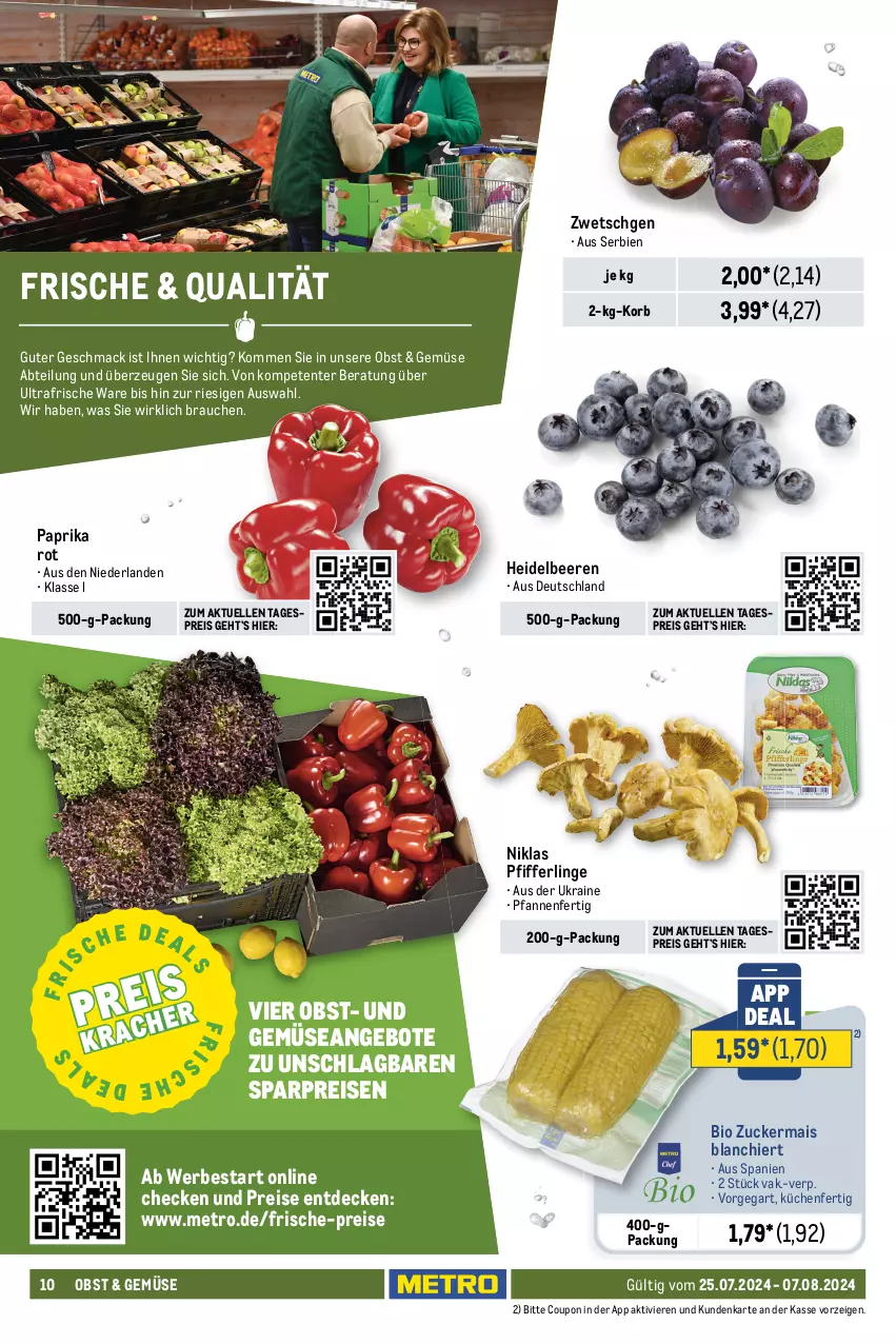 Aktueller Prospekt Metro - Food-NonFood - von 25.07 bis 07.08.2024 - strona 10 - produkty: Abtei, angebot, angebote, beere, beeren, bio, coupon, decke, eis, elle, ente, galiamelone, heidelbeere, heidelbeeren, honig, honigmelone, honigmelonen, korb, küche, Küchen, mac, mais, melone, melonen, Metro, obst, paprika, paprika rot, pfanne, pfannen, Pfifferlinge, Rauch, reis, Ti, und gemüse, wasser, wassermelone, wassermelonen, zucker, zuckermais