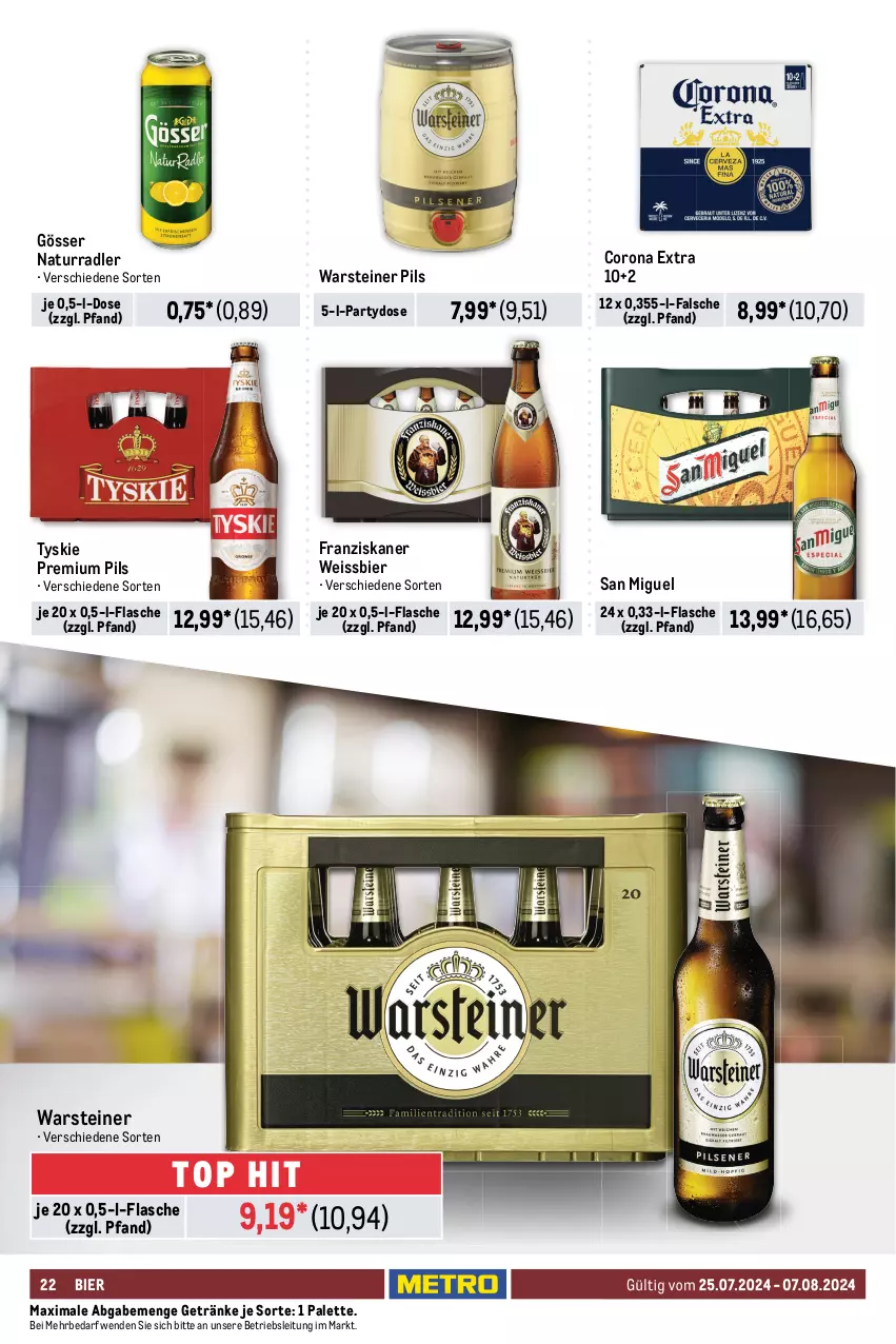 Aktueller Prospekt Metro - Food-NonFood - von 25.07 bis 07.08.2024 - strona 22 - produkty: adelholzener, alkohol, alkoholfreie getränke, Alwa, auto, bier, cola, corona, corona extra, drink, Effect, eis, elle, energy drink, flasche, franziskaner, fuze tea, getränk, getränke, gin, gösser, Holz, LG, mineralwasser, natur, Palette, pepsi, Pepsi Cola, pils, premium pils, radler, reis, säfte, san pellegrino, steiner, Ti, tisch, tyskie, valensina, volvic, warsteiner, wasser, weissbier