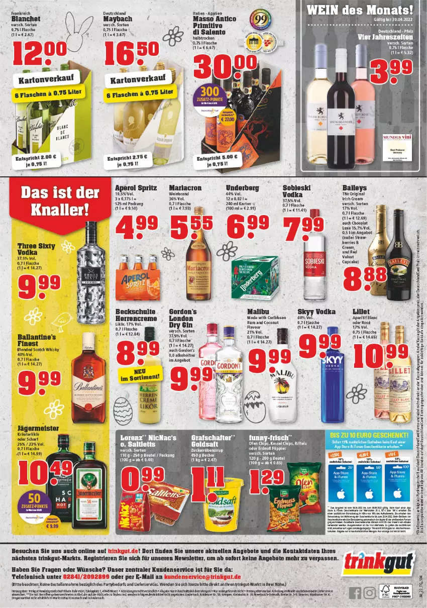 Aktueller Prospekt Trinkgut - von 04.04 bis 09.04.2022 - strona 4 - produkty: alkohol, angebot, angebote, aperitif, aperol, arla, Bad, baileys, ball, becks, beutel, blended scotch, blended scotch whisky, coconut, cola, creme, deka, dry gin, eis, elle, flasche, funny-frisch, Germ, gin, gordon, Gordon’s, grafschafter, irish cream, jägermeister, kräuter, kräuterlikör, lack, lieferservice, likör, lillet, lorenz, Malibu, mariacron, maybach, Meister, moser, primitivo, reis, Ria, rioba, rum, rwe, scotch, scotch whisky, sim, sirup, skyy, Skyy Vodka, tee, telefon, Ti, tisch, uhr, underberg, usb, velvet, vodka, wein, weinbrand, whisky, zucker