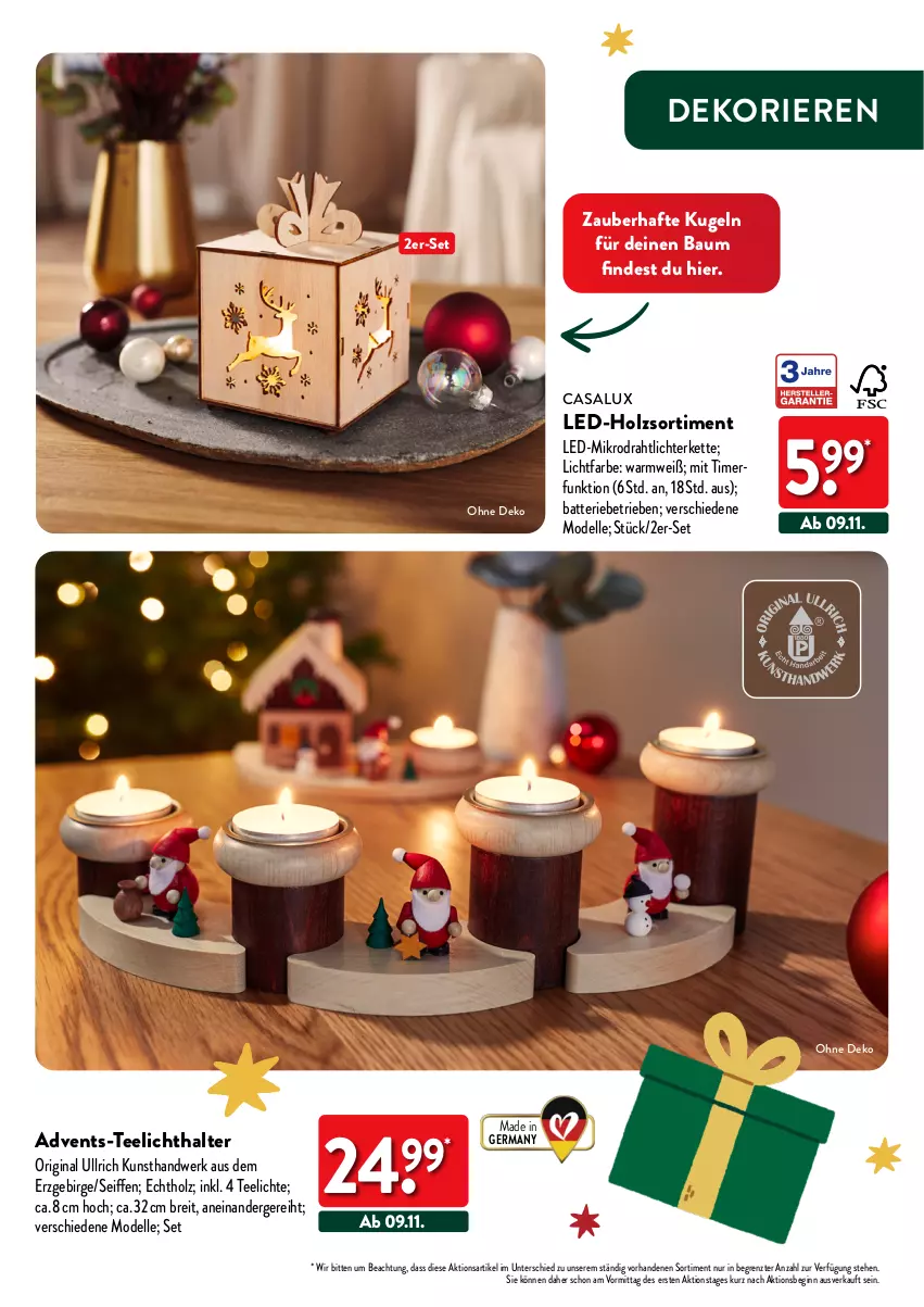 Aktueller Prospekt Aldi Nord - Deko und Geschenke - von 12.10 bis 27.12.2023 - strona 11 - produkty: batterie, Bau, Brei, dell, Draht, elle, Germ, gin, Holz, Kette, Kugel, lichterkette, Mode, tee, Teelicht, teelichte, teelichthalter, Ti, timer, ZTE