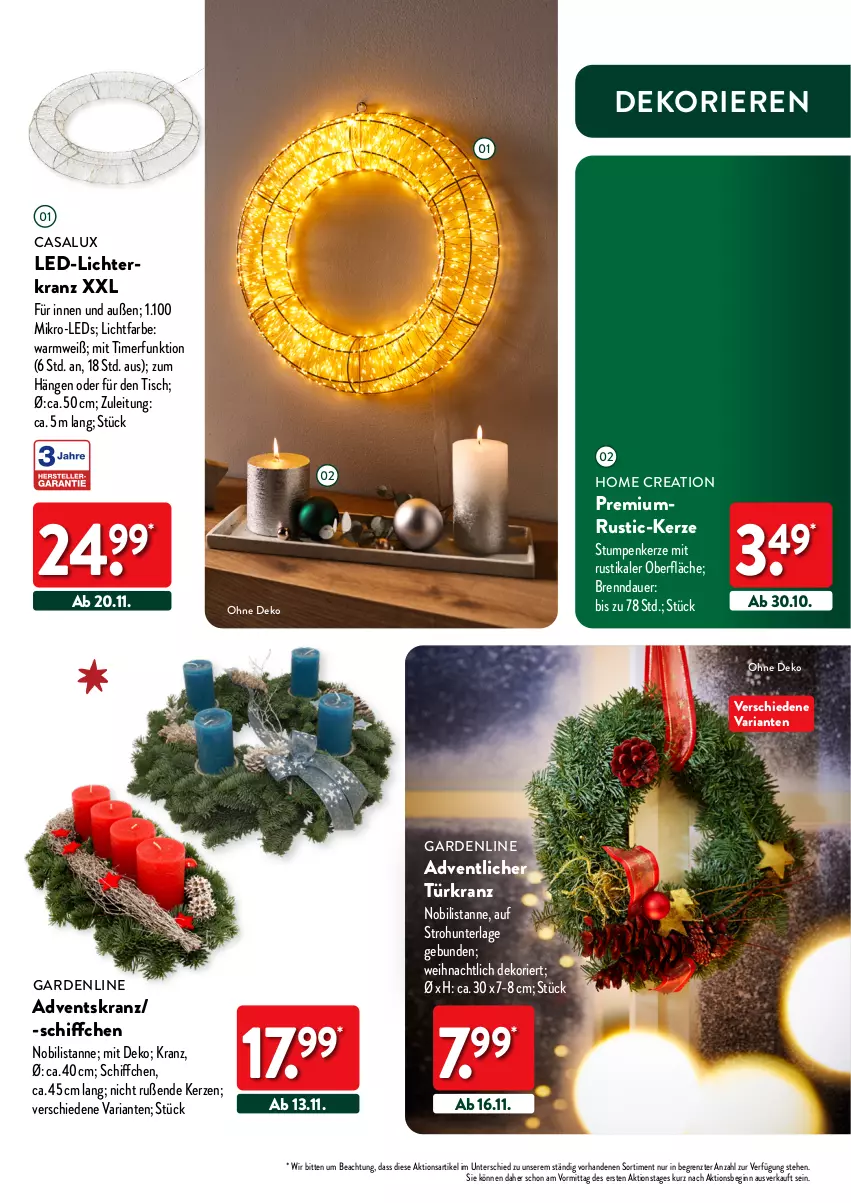 Aktueller Prospekt Aldi Nord - Deko und Geschenke - von 12.10 bis 27.12.2023 - strona 15 - produkty: Adventskranz, auer, gin, kerze, Kranz, led-licht, leds, Ria, Schiffchen, Ti, timer, tisch, Türkranz, ZTE