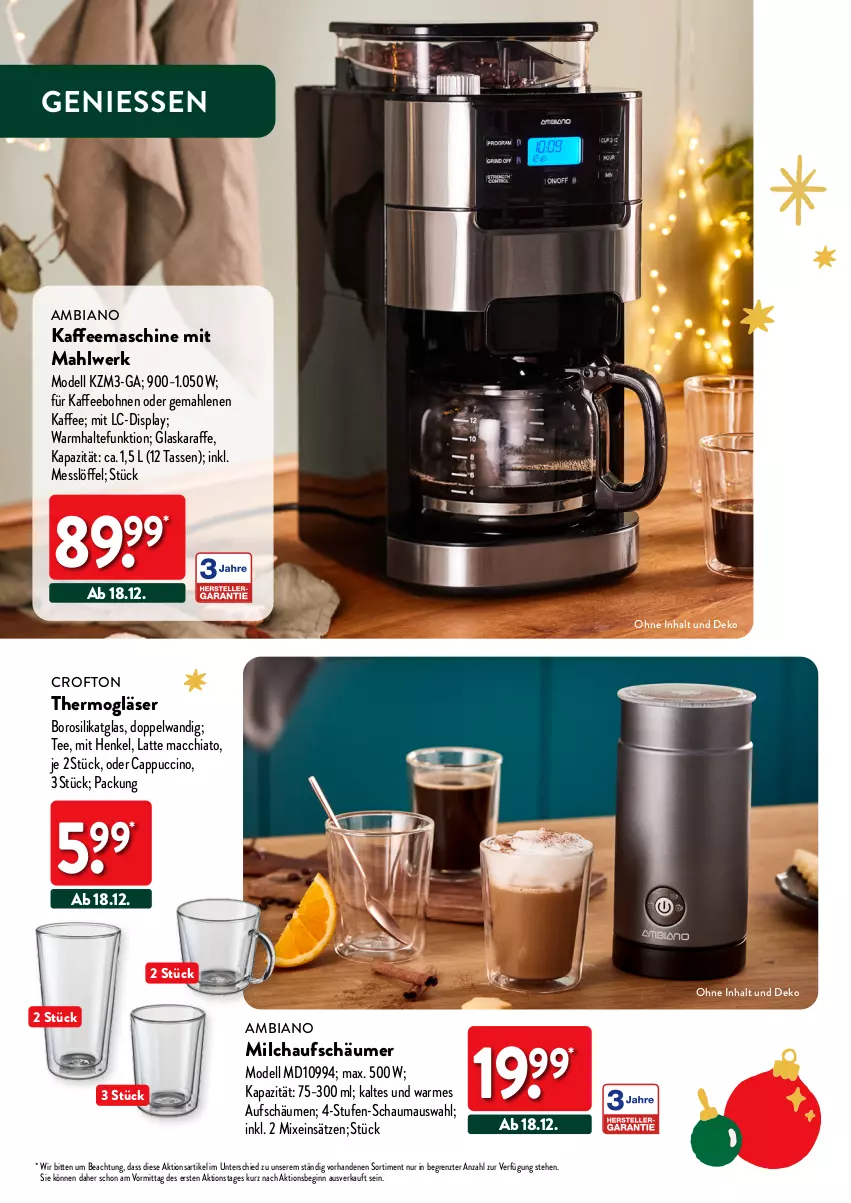 Aktueller Prospekt Aldi Nord - Deko und Geschenke - von 12.10 bis 27.12.2023 - strona 32 - produkty: ACC, ambia, bohne, bohnen, Cap, cappuccino, chia, cin, Crofton, dell, gin, Gläser, glaskaraffe, henkel, kaffee, kaffeebohnen, kaffeemaschine, Karaffe, latte, latte macchiato, Löffel, mac, macchiato, Maus, milch, milchaufschäumer, Mode, oder cappuccino, schauma, tasse, tee, Thermogläser, Ti, ZTE