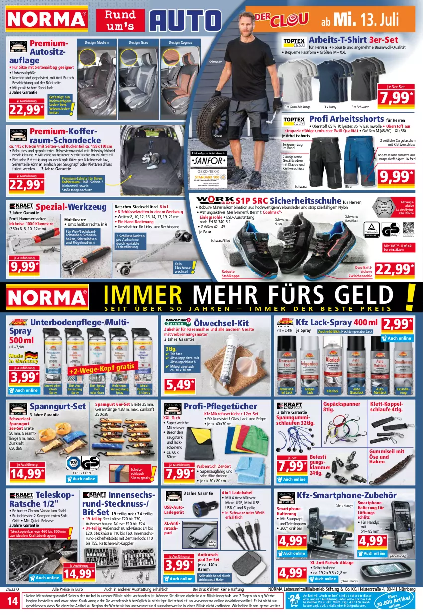 Aktueller Prospekt Norma - Norma - von 11.07 bis 18.07.2022 - strona 14 - produkty: akku, arla, auto, Bau, baumwolle, Bebe, Brei, Cognac, decke, deka, eis, Elan, elle, ente, erde, felgen, gin, Handy, HP, Klammern, koffer, kopfstütze, kraft, lack, ladegerät, ladekabel, lamm, Laufen, lebensmittel, LG, mikrofaser, Mikrofasertücher, Mode, ndk, nuss, rasen, rasenmäher, reis, rel, Ria, sattel, Schal, schlauch, schrauben, schuhe, shirt, shorts, Sitzauflage, smartphone, Spezi, T-Shirt, Tasche, taschen, Teleskop, Ti, tisch, tuc, tücher, usb, werkzeug, wolle, ZTE