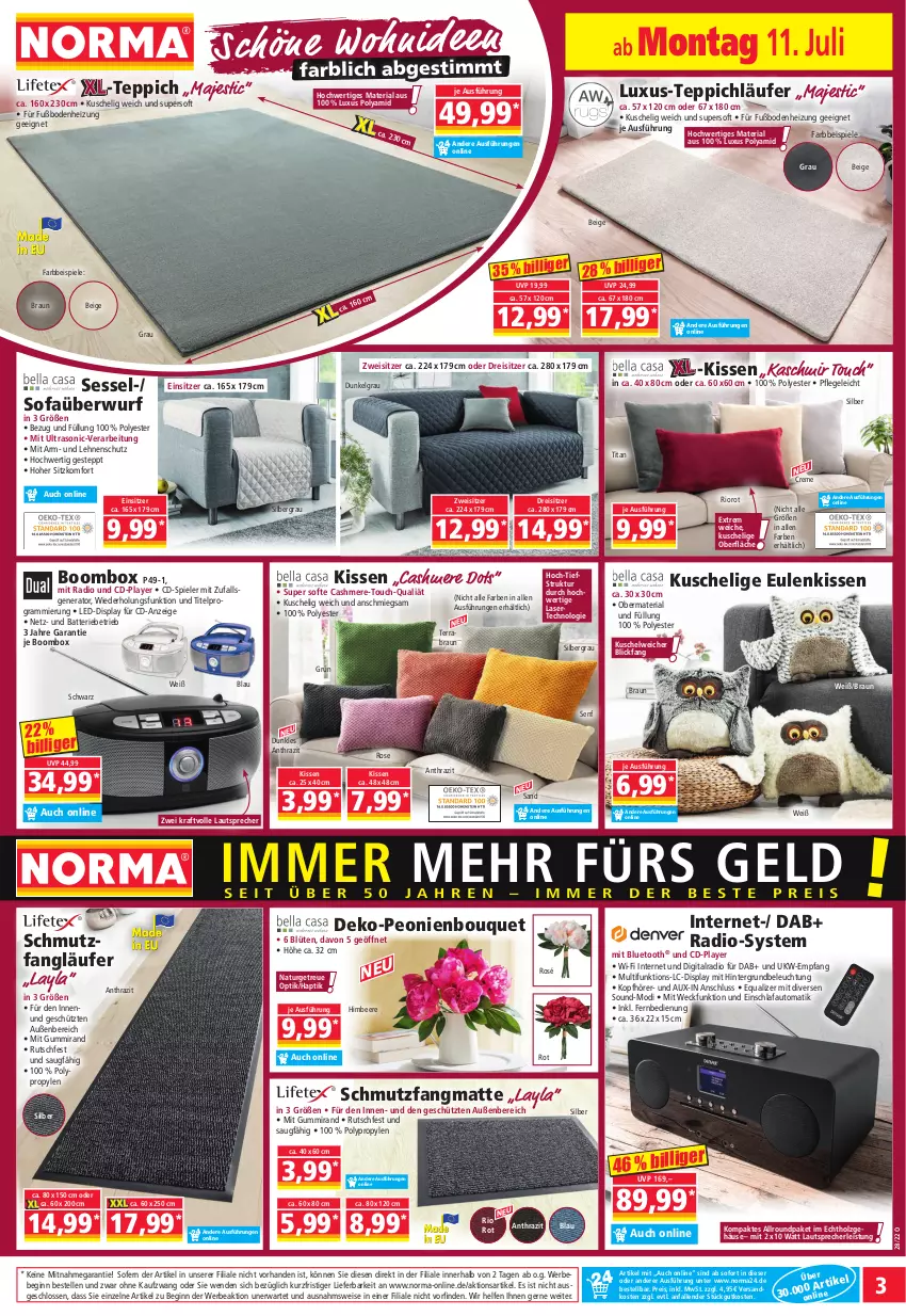 Aktueller Prospekt Norma - Norma - von 11.07 bis 18.07.2022 - strona 3 - produkty: auto, batterie, Bebe, beere, beleuchtung, Blüte, braun, cashmere, creme, eis, elle, fernbedienung, gin, himbeer, himbeere, Holz, kissen, kopfhörer, kraft, Kuschelweich, Läufer, lautsprecher, LG, natur, ndk, Radio, reis, Ria, schmutzfangmatte, senf, sessel, Sofa, Sofaüberwurf, Spiele, teppich, Ti, weck, ZTE