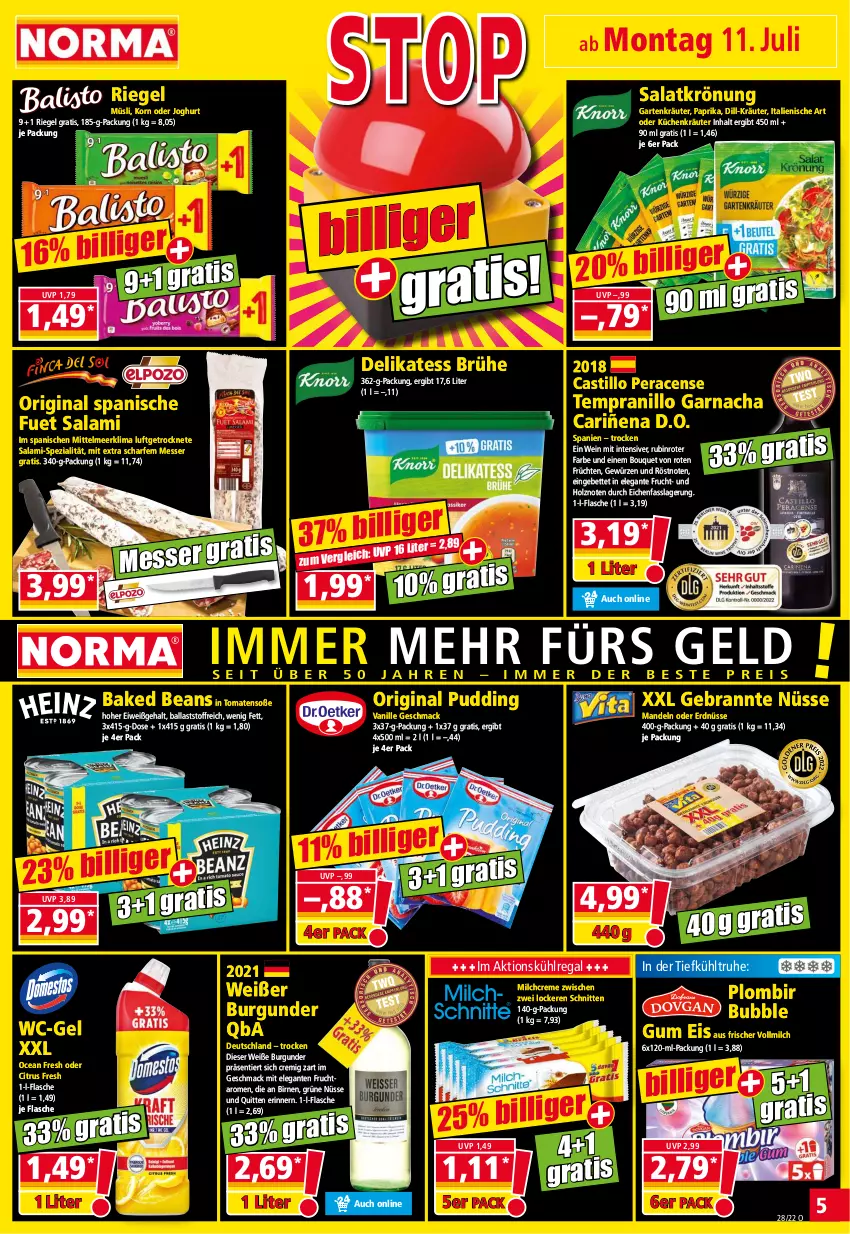 Aktueller Prospekt Norma - Norma - von 11.07 bis 18.07.2022 - strona 5 - produkty: asti, ball, bett, Birnen, Brühe, burgunder, citrus, creme, eis, erdnüsse, flasche, frucht, früchte, früchten, Garten, gewürz, gin, Holz, joghur, joghurt, korn, kräuter, küche, Küchen, kühlregal, Luftgetrocknete Salami, mac, mandel, mandeln, messer, milch, müsli, paprika, pudding, regal, riegel, Rubin, salami, salat, salatkrönung, schnitten, Soße, Spezi, tempranillo, Ti, tomate, tomaten, vanille, vollmilch, wc-gel, wein