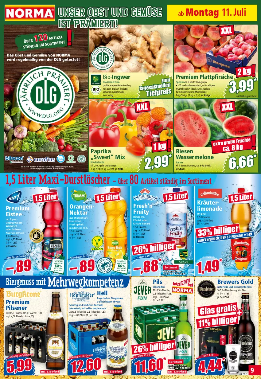 Aktueller Prospekt Norma - Norma - von 11.07 bis 18.07.2022 - strona 9 - produkty: alkohol, banane, beere, bier, bio, Clin, durstlöscher, eis, eistee, erde, flasche, fleisch, frucht, früchte, fruchtfleisch, gin, gsw, himbeer, himbeere, ingwer, kirsch, kirsche, kiwi, kräuter, LG, limo, limonade, mac, marmelade, melone, natur, Nektar, nivea, nuss, obst, Obst und Gemüse, orange, orangen, orangensaft, paprika, pfirsich, pfirsiche, pils, pilsener, plattpfirsiche, premium pils, recyclingmaterial, reis, Ria, rwe, saft, smoothie, smoothies, snack, tee, Ti, tiefpreis, tisch, und gemüse, wasser, wassermelone, Wild, Yo