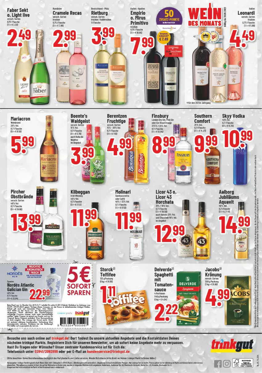 Aktueller Prospekt Trinkgut - von 04.09 bis 09.09.2023 - strona 4 - produkty: Aalborg, angebot, angebote, angebotspreis, aqua, aquavit, Bad, Bank, berentzen, Brei, cola, coupon, coupons, deka, deutschlandcard, dry gin, eis, elle, ente, erde, finsbury, flasche, frucht, gin, irish whiskey, jacobs, Jubiläums, kilbeggan, LG, licor, licor 43, lieferservice, london dry, london dry gin, Molinari, orange, pircher, primitivo, reis, riesling, rum, sambuca, skyy, Skyy Vodka, spaghetti, storck, tee, telefon, Ti, toffifee, tomate, tomaten, uhr, vodka, wein, weinbrand, whiskey