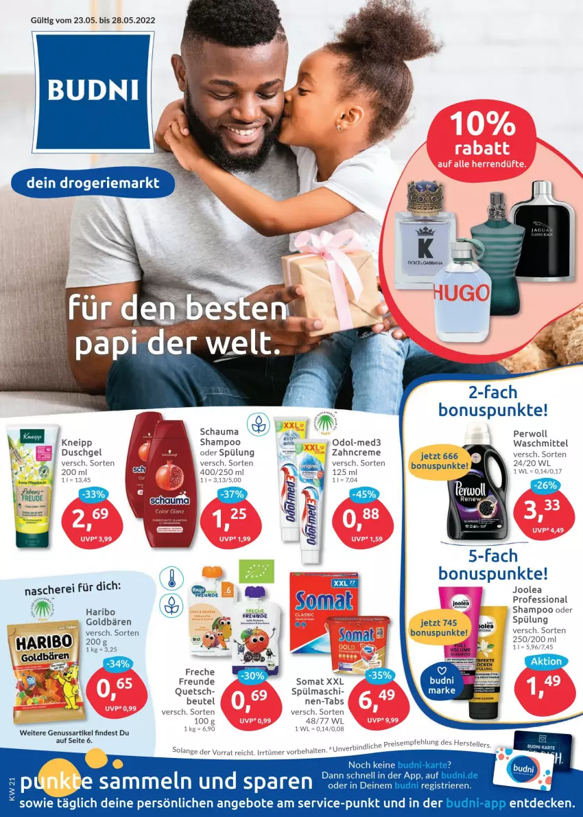 Aktueller Prospekt Budni - Prospekte - von 23.05 bis 28.05.2022 - strona 1 - produkty: angebot, angebote, beutel, brot, creme, decke, duschgel, eis, elle, goldbären, haribo, kneipp, nuss, Odol, perwoll, schauma, Schere, shampoo, somat, spülung, teller, Ti, waschmittel, Weizenbrot, zahncreme