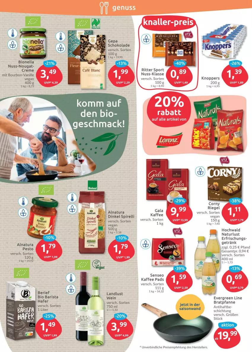 Aktueller Prospekt Budni - Prospekte - von 23.05 bis 28.05.2022 - strona 6 - produkty: auer, bio, bioland, bourbon, creme, eis, elle, getränk, hafer, hochwald, knoppers, mac, natur, natura, nuss, pesto, reis, rel, riesling, ritter, schoko, schokolade, senseo, Sport, tee, teller, vanille, wein