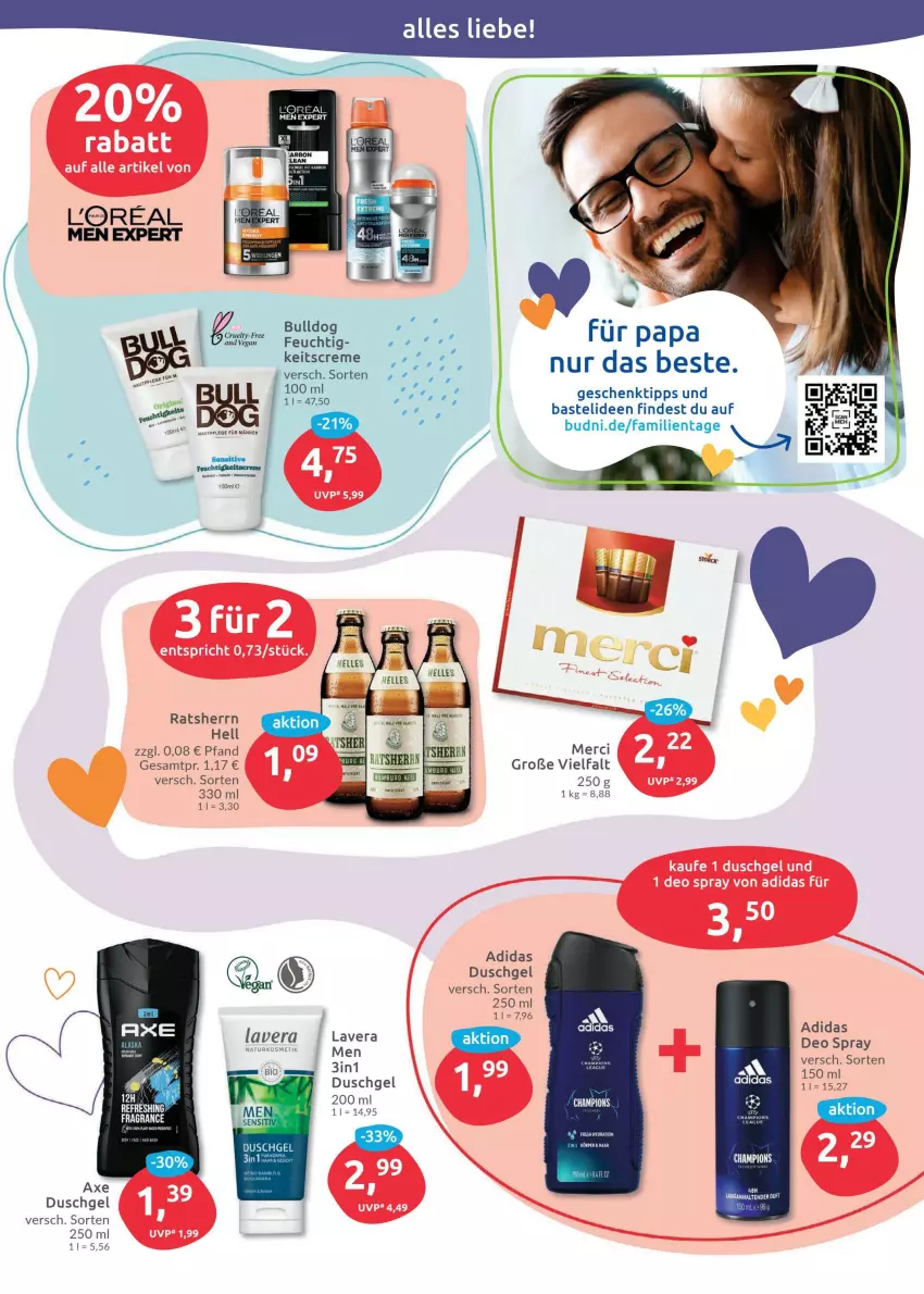 Aktueller Prospekt Budni - Prospekte - von 23.05 bis 28.05.2022 - strona 7 - produkty: Adidas, axe, Bulldog, champion, creme, deo, deo spray, duschgel, elle, kosmetik, lavera, Lavera Men, merci, natur, naturkosmetik, Ratsherrn, Ti