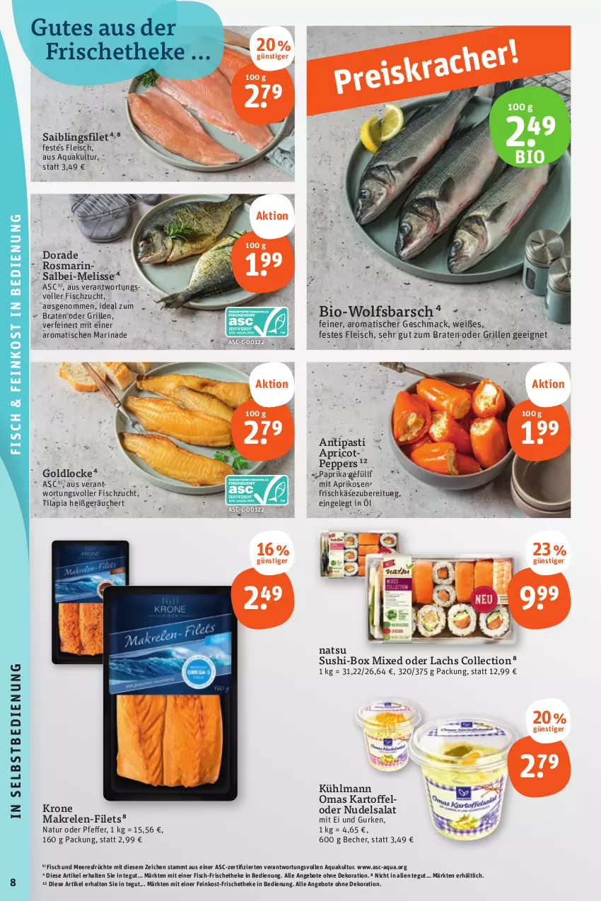 Aktueller Prospekt Tegut - Angebote der Woche - von 28.08 bis 02.09.2023 - strona 10 - produkty: angebot, angebote, antipasti, aprikose, aprikosen, aqua, asti, Becher, bio, braten, dekoration, Dorade, eis, feinkost, filet, filets, fisch, Fisch und Meeresfrüchte, fleisch, frischkäse, frischkäsezubereitung, früchte, grill, gurke, gurken, ideal zum braten, kartoffel, Käse, krone, kühlmann, lachs, mac, Makrele, marinade, meeresfrüchte, natur, nudel, nudelsalat, paprika, pfeffer, rel, rosmarin, Saibling, salat, Sushi, Ti, Tilapia, tisch, wolfsbarsch