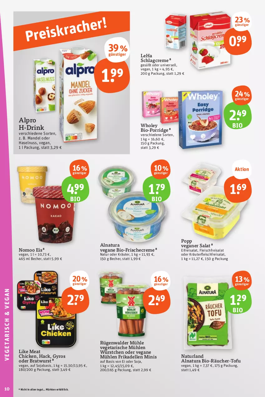 Aktueller Prospekt Tegut - Angebote der Woche - von 28.08 bis 02.09.2023 - strona 12 - produkty: alpro, Becher, bio, bratwurst, creme, dell, drink, eis, elle, fleisch, frikadellen, gyros, haselnuss, kräuter, Like Meat, mandel, natur, natura, naturland, nuss, oder kräuter, Popp, porridge, reis, rügenwalder, rügenwalder mühle, salat, soja, Ti, Tofu, Vegeta, wurst, würstchen