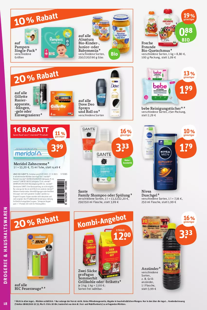 Aktueller Prospekt Tegut - Angebote der Woche - von 28.08 bis 02.09.2023 - strona 20 - produkty: anzünder, Bebe, bier, bio, briketts, bürste, coupon, coupons, creme, deo, deo spray, dove, duschgel, einwegrasierer, eis, erde, Feuerzeug, flasche, fleisch, freche freunde, gillette, gin, grill, grillanzünder, Grillkohle, Kinder, kosmetik, meridol, mundspülung, natur, natura, naturkosmetik, nivea, pampers, pasta, profagus, rasierapparat, rasierer, Reinigung, reinigungstücher, SANTE, shampoo, shampoo oder spülung, spülung, telefon, Ti, tücher, uhr, zahnbürste, zahncreme, zahnpasta