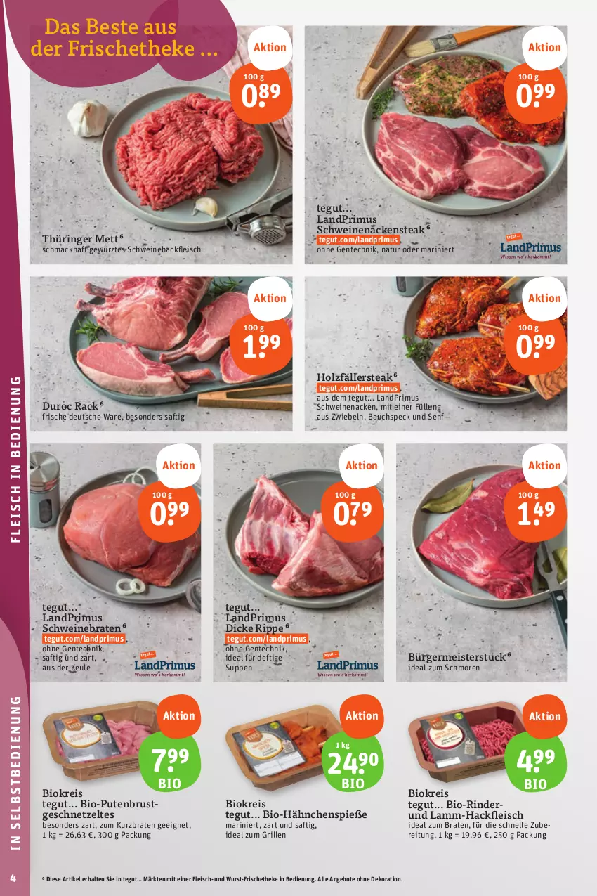 Aktueller Prospekt Tegut - Angebote der Woche - von 28.08 bis 02.09.2023 - strona 6 - produkty: angebot, angebote, Bau, bio, braten, dekoration, eis, elle, ente, fleisch, Germ, geschnetzeltes, gewürz, grill, hackfleisch, Holz, ideal zum braten, ideal zum grillen, lamm, landprimus, mac, Meister, Mett, Nackensteak, natur, pute, putenbrust, reis, rind, rinder, ring, saft, schwein, schweine, schweinebraten, Schweinehackfleisch, schweinenacken, senf, Speck, steak, suppe, suppen, Ti, wein, weine, wurst, Zelt, ZTE, zwiebel, zwiebeln