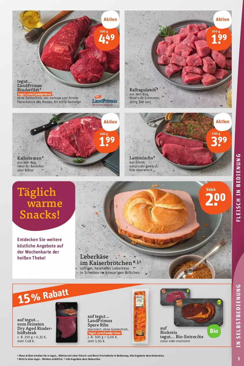 Aktueller Prospekt Tegut - Angebote der Woche - von 28.08 bis 02.09.2023 - strona 7 - produkty: angebot, angebote, backofen, bio, braten, brötchen, decke, dekoration, eis, ente, entrecôte, filet, fleisch, gewürz, gulasch, hüftsteak, Kaiser, Käse, lachs, lamm, landprimus, leberkäs, leberkäse, natur, Ofen, reis, rind, rinder, rinderfilet, saft, snack, snacks, spare ribs, steak, Ti, tisch, wurst