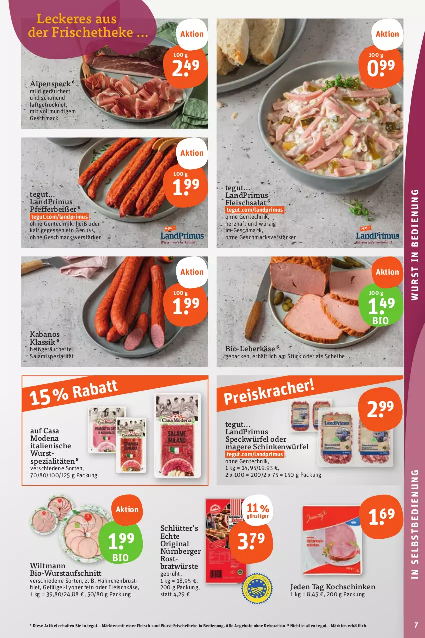 Aktueller Prospekt Tegut - Angebote der Woche - von 28.08 bis 02.09.2023 - strona 9 - produkty: angebot, angebote, aufschnitt, Berger, bio, Casa Modena, dekoration, eis, ente, filet, fleisch, fleischkäse, fleischsalat, geback, Geflügel, gin, hähnchenbrust, kabanos, Käse, kochschinken, landprimus, leberkäs, leberkäse, lyoner, mac, Mode, nürnberger, nuss, pfeffer, Pfefferbeißer, reis, salami, salat, schinken, Speck, Spezi, Ti, wiltmann, würfel, wurst, Yo