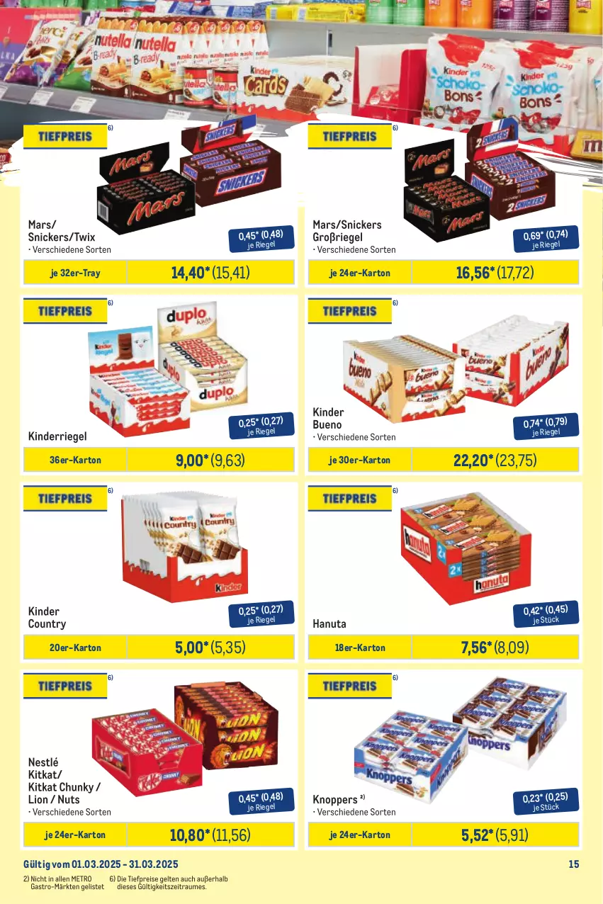 Aktueller Prospekt Metro - Monats-Mix - von 01.03 bis 31.03.2025 - strona 15 - produkty: eis, hanuta, Kinder, kinder bueno, kinder country, kitkat, knoppers, lion, mars, Metro, nestlé, reis, riegel, snickers, Ti, tiefpreis, twix