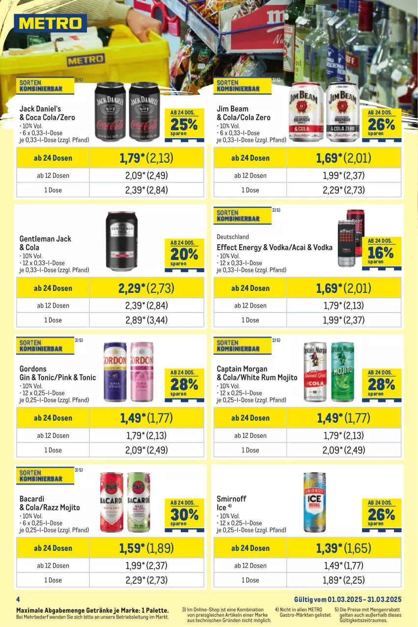 Aktueller Prospekt Metro - Monats-Mix - von 01.03 bis 31.03.2025 - strona 4 - produkty: bacardi, Cap, captain morgan, cola, Effect, eis, getränk, getränke, gin, gordon, gordons, jack daniel, jim beam, Metro, mojito, Palette, reis, rum, smirnoff, Ti, tonic, vodka, white rum