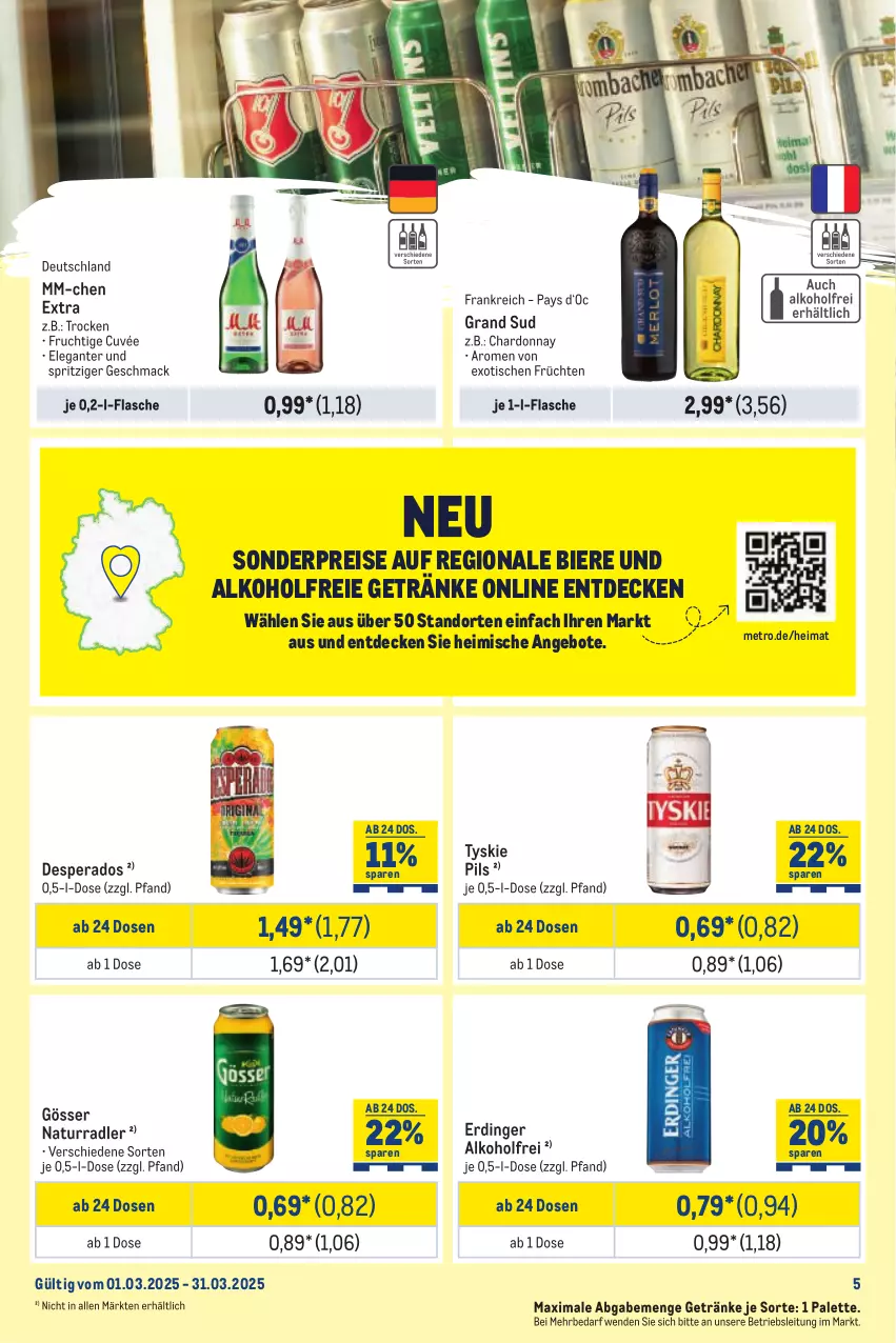 Aktueller Prospekt Metro - Monats-Mix - von 01.03 bis 31.03.2025 - strona 5 - produkty: alkohol, alkoholfreie getränke, angebot, angebote, bier, Biere, chardonnay, cuvée, decke, desperados, eis, erdinger, flasche, frucht, früchte, früchten, getränk, getränke, gösser, grand sud, mac, Metro, natur, Palette, pils, radler, reis, Ti, tisch, tyskie