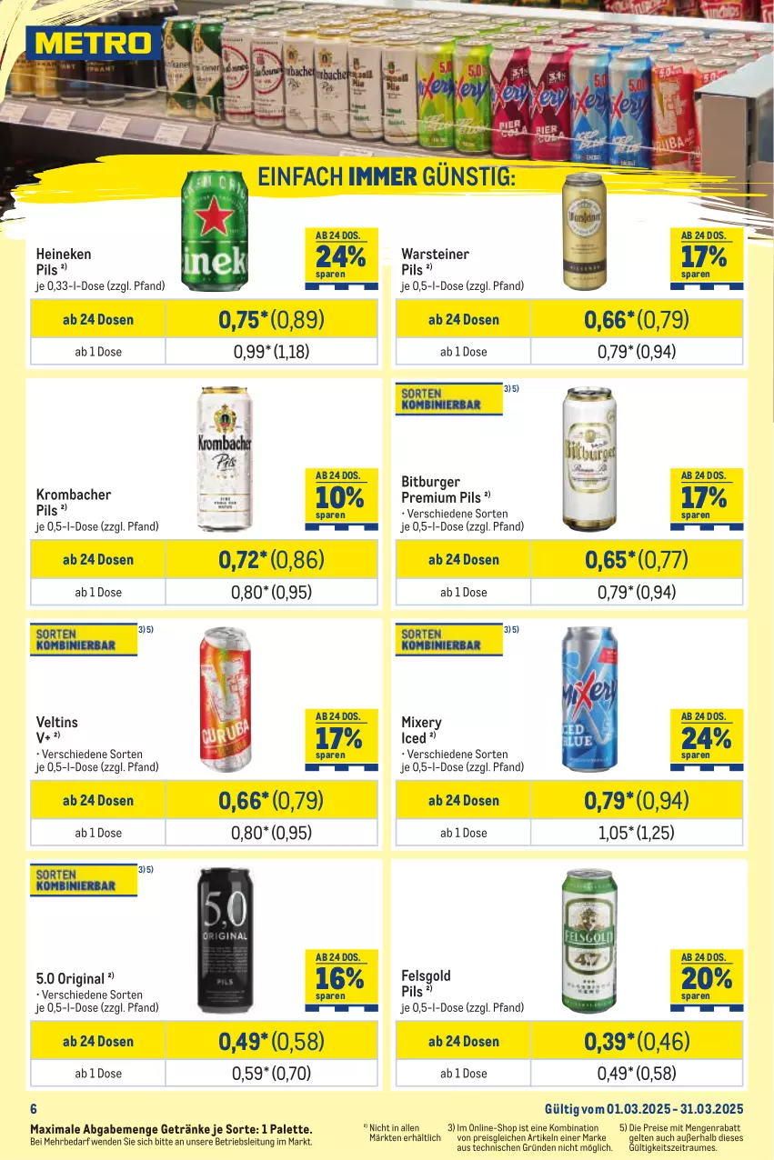 Aktueller Prospekt Metro - Monats-Mix - von 01.03 bis 31.03.2025 - strona 6 - produkty: bitburger, burger, eis, getränk, getränke, gin, heineken, krombache, krombacher, krombacher pils, Mixer, mixery, Palette, pils, premium pils, reis, steiner, Ti, veltins, warsteiner