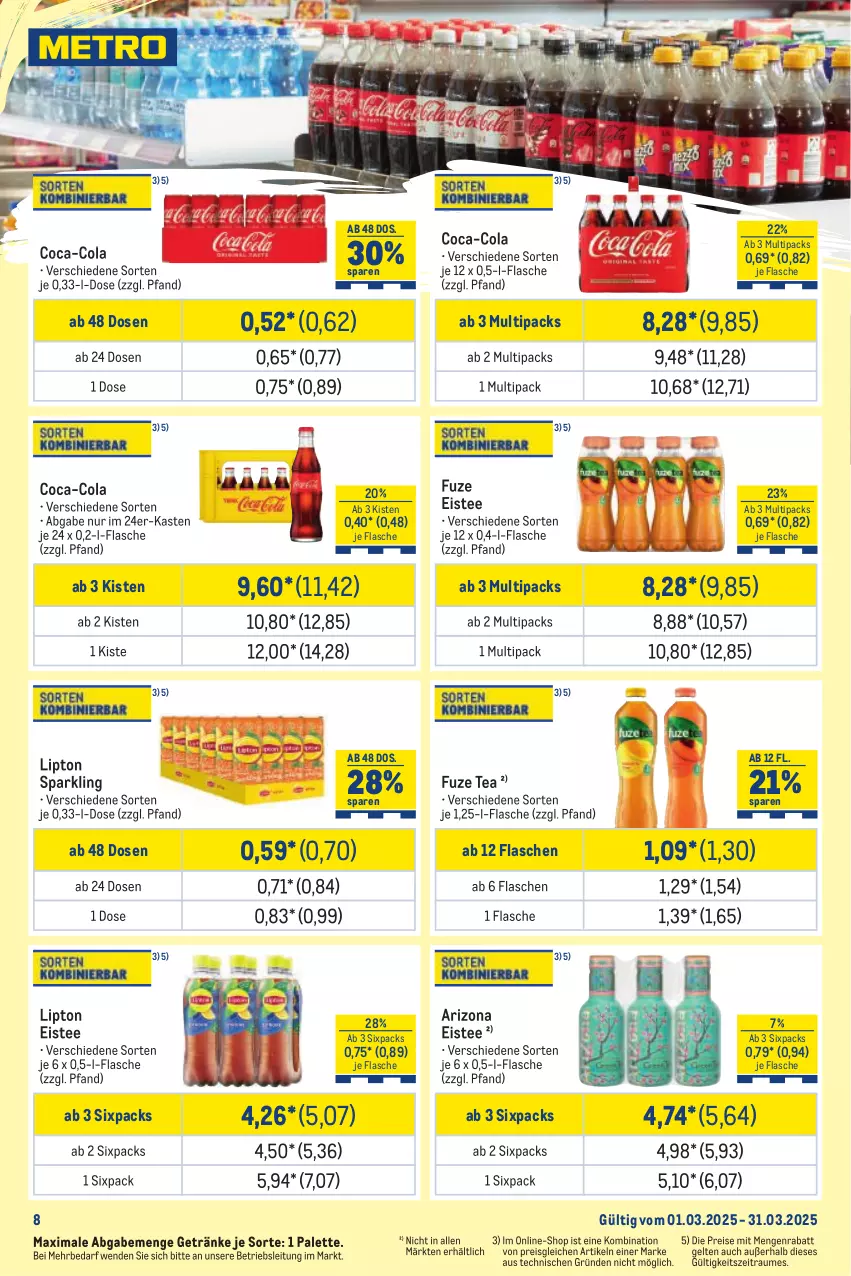 Aktueller Prospekt Metro - Monats-Mix - von 01.03 bis 31.03.2025 - strona 8 - produkty: coca-cola, cola, eis, eistee, flasche, fuze tea, getränk, getränke, lipton, Palette, reis, tee, Ti