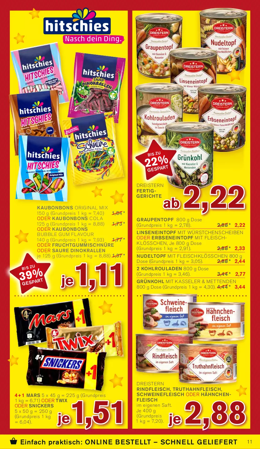 Aktueller Prospekt Kodi - Prospekte - von 25.11 bis 30.11.2023 - strona 11 - produkty: bonbons, cola, dreistern, eintopf, eis, erbsen, fertiggericht, fertiggerichte, fleisch, frucht, fruchtgummi, fruchtgummis, gin, Hähnchenfleisch, kasseler, Kohlrouladen, linsen, mars, Mett, metten, Mettenden, mit würstchen, nudel, oder twix, reis, rind, rindfleisch, rouladen, saft, schwein, schweine, snickers, Ti, tisch, topf, truthahn, twix, wein, weine, würstchen