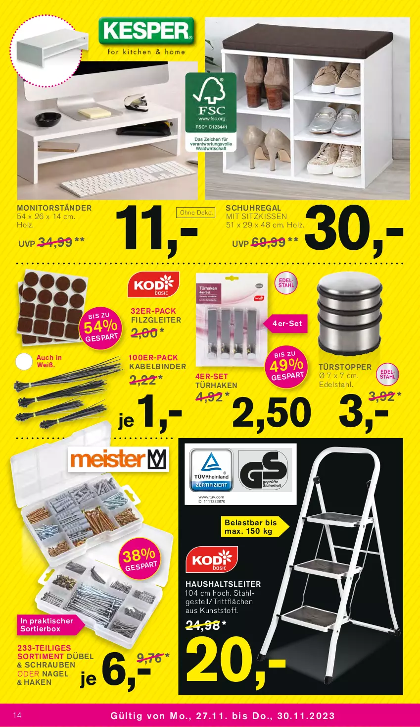 Aktueller Prospekt Kodi - Prospekte - von 25.11 bis 30.11.2023 - strona 14 - produkty: edelstahl, Holz, kissen, LG, monitor, regal, schrauben, schuhregal, sitzkissen, Ti, tisch, topper, türstopper, uhr