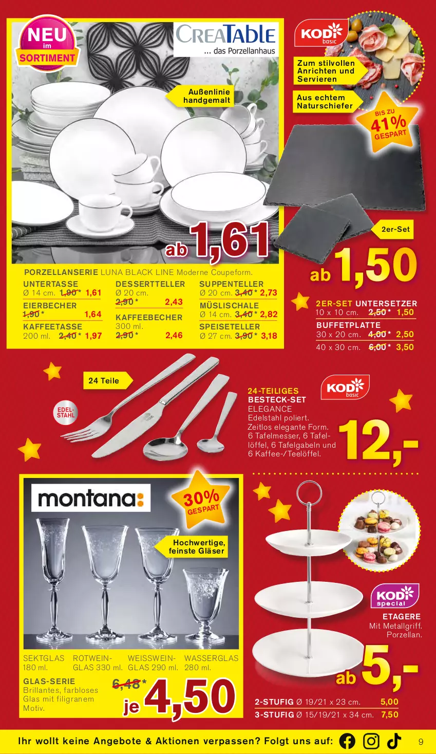 Aktueller Prospekt Kodi - Prospekte - von 25.11 bis 30.11.2023 - strona 9 - produkty: angebot, angebote, Anrichte, Becher, besteck, besteck-set, dessert, Dessertteller, edelstahl, eier, Eierbecher, eis, elle, ente, Etagere, Gläser, kaffee, kaffeebecher, lack, latte, LG, Löffel, messer, Mode, müsli, Müslischale, natur, rotwein, Schal, Schale, sekt, Speiseteller, suppe, suppen, tasse, tee, teller, Ti, Untersetzer, wasser, wein