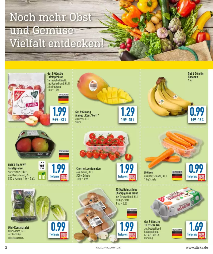 Aktueller Prospekt Diska - Prospekte - von 21.03 bis 26.03.2022 - strona 3 - produkty: banane, bananen, bio, braun, champignon, champignons, champignons braun, deka, edeka bio, eier, eis, mango, möhren, reis, rispentomaten, Romanasalat, salat, Schal, Schale, tafeläpfel, Ti, tiefpreis, tomate, tomaten