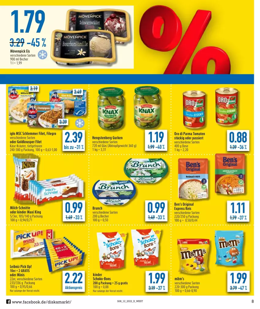 Aktueller Prospekt Diska - Prospekte - von 21.03 bis 26.03.2022 - strona 8 - produkty: Becher, Ben’s Original, eis, filegro, filet, gin, gurke, gurken, hengstenberg, Hengstenberg Gurken, iglo, Käse, Kinder, Kinder Maxi, kinder maxi king, kräuter, leibniz, milch, milch-schnitte, mövenpick, mövenpick eis, oro di parma, Pick Up!, reis, schoko, schoko-bons, Ti, tomate, tomaten