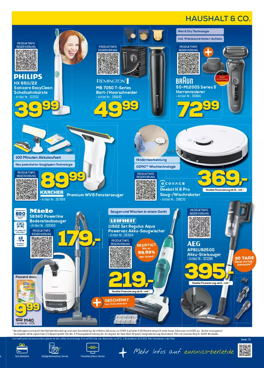 Aktueller Prospekt Berlet - Achtung!  - von 05.03 bis 11.03.2022 - strona 15 - produkty: ACC, akku, angebot, aqua, Bad, Bank, beutel, bodenstaubsauger, bürste, cin, eis, elle, fenster, fenstersauger, gutschein, haarschneider, herrenrasierer, leifheit, rasierer, reiniger, reis, ring, Saugwischer, Schal, schallzahnbürste, sonicare, staubbeutel, staubsauger, Stielsauger, Ti, wasser, zahnbürste