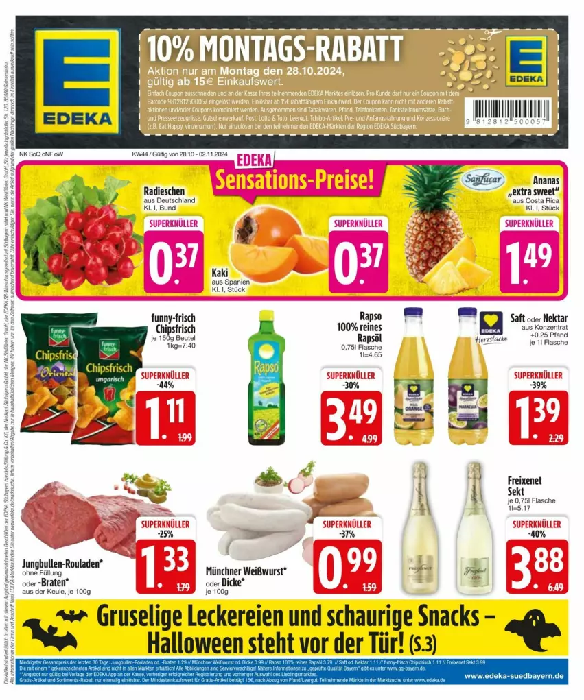 Aktueller Prospekt Edeka - Prospekte - von 27.10 bis 04.11.2024 - strona 3 - produkty: ananas, chips, chipsfrisch, deka, flasche, freixenet, funny-frisch, HP, Kaki, Nektar, radieschen, rapso, rapsöl, saft, snack, snacks, Ti, Weißwurst, wurst