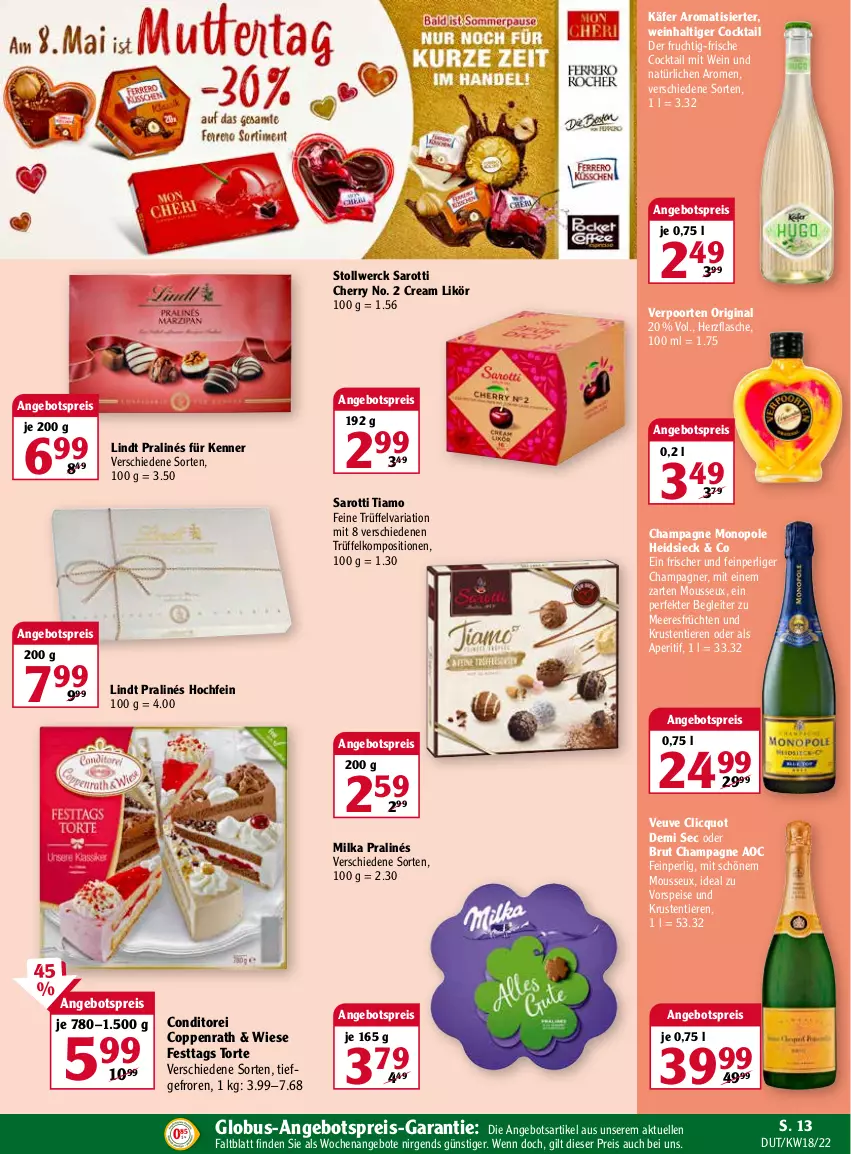 Aktueller Prospekt Globus - Prospekte - von 02.05 bis 07.05.2022 - strona 17 - produkty: angebot, angebote, angebotspreis, aperitif, brut, champagne, champagner, cocktail, coppenrath, eis, elle, Festtags Torte, flasche, frucht, früchte, früchten, gin, käfer, likör, lindt, meeresfrüchte, milka, mousse, reis, Ria, saro, sarotti, Ti, Tiere, torte, Trüffel, verpoorten, vorspeise, wein